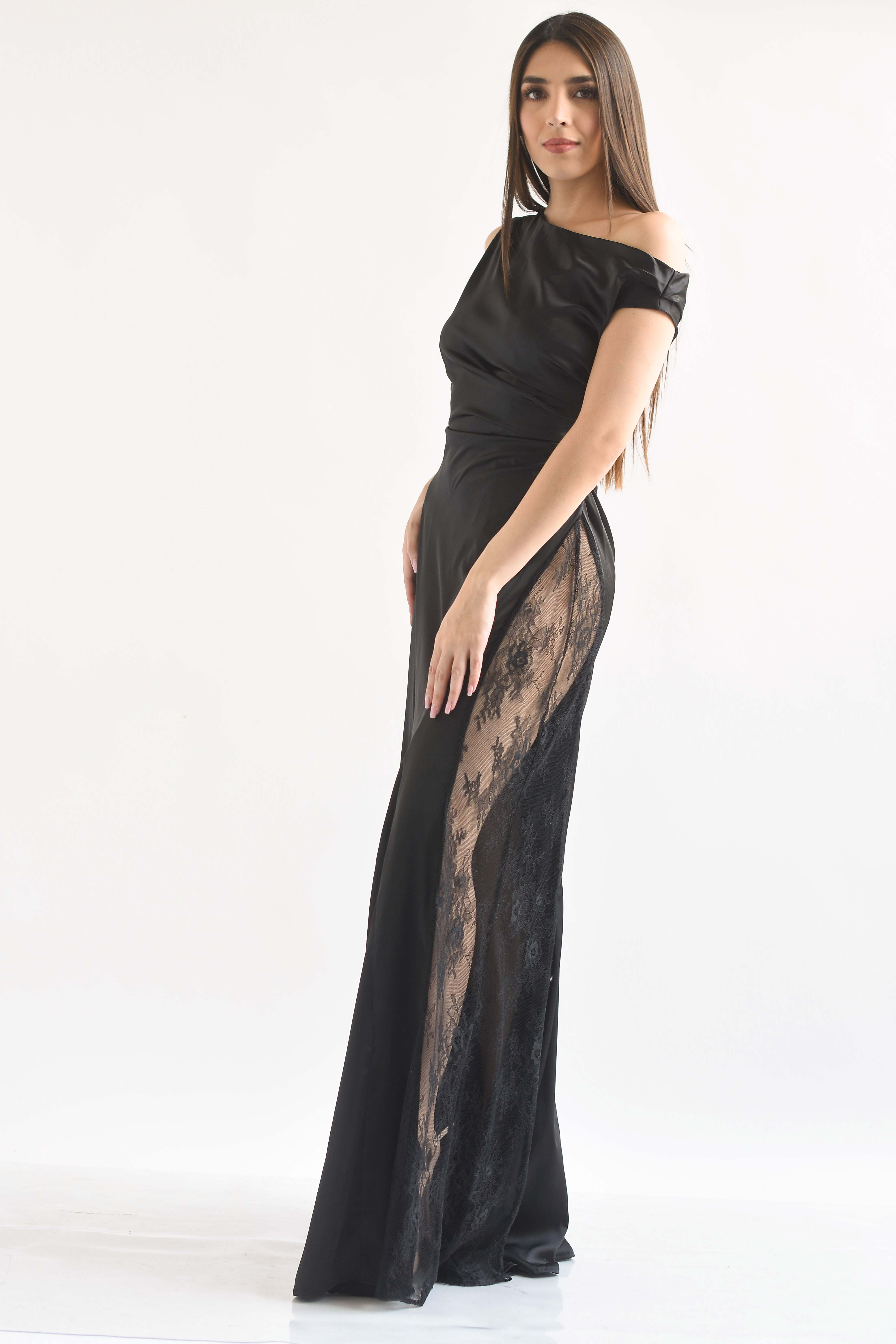 Vestido largo satín con encaje