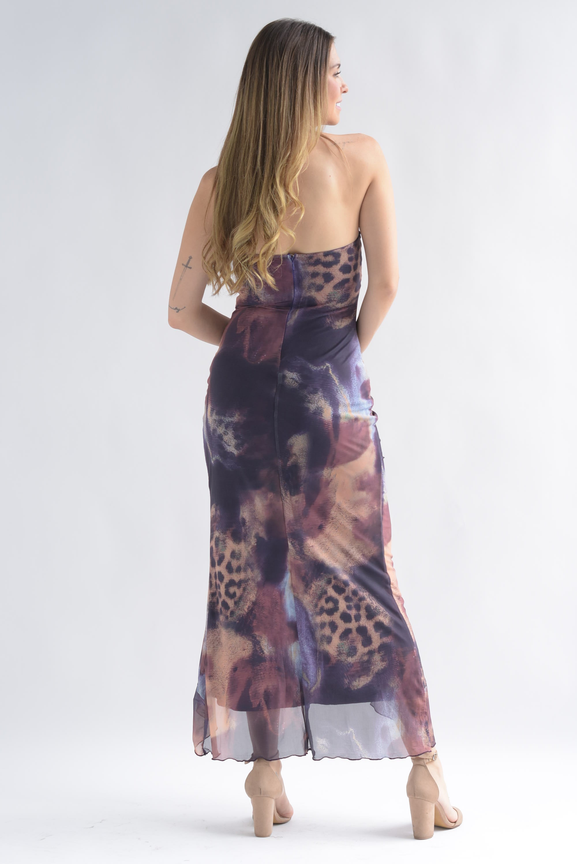 Vestido strapless cut-out acuarela Leopardo