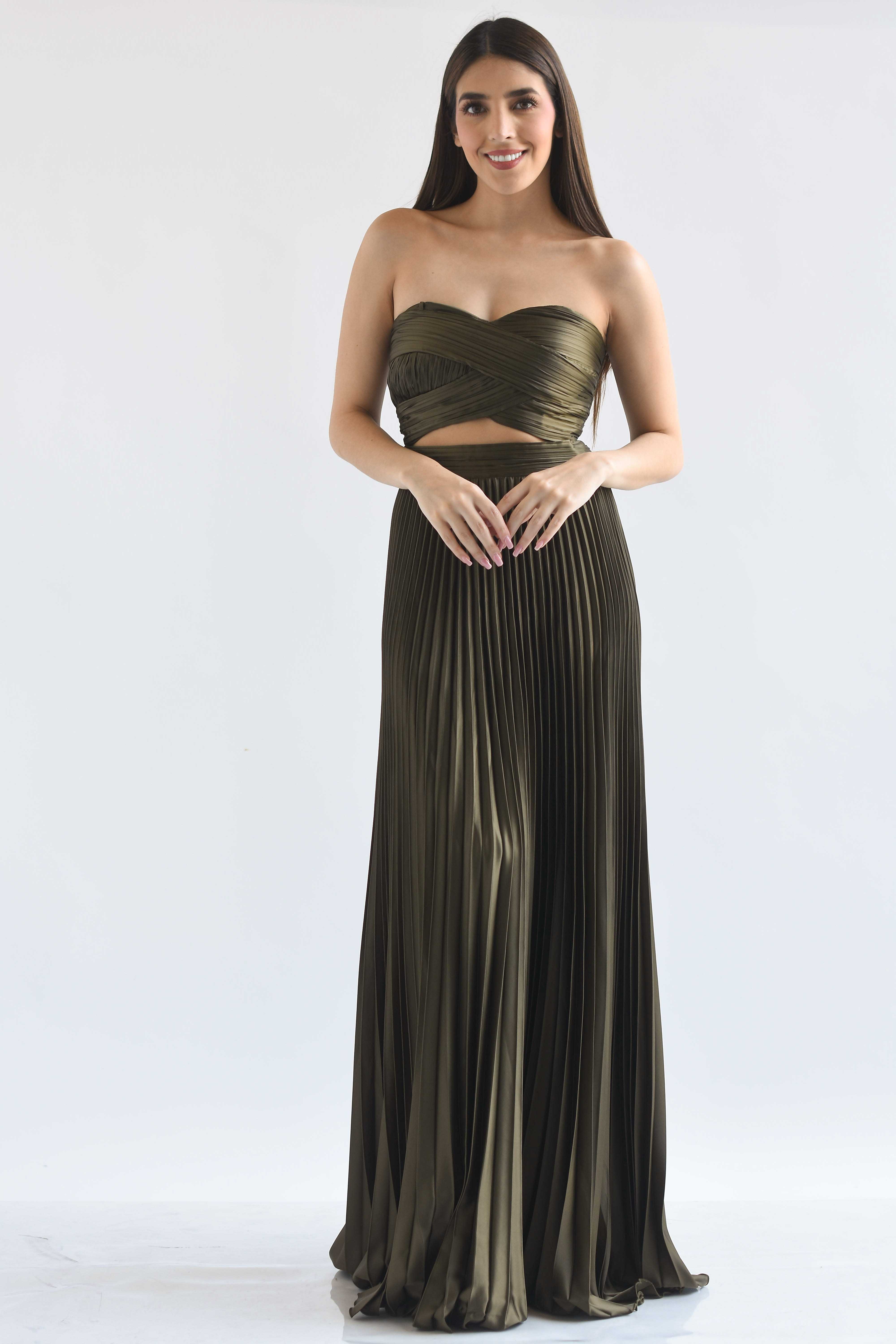 Vestido largo plisado jareta espalda