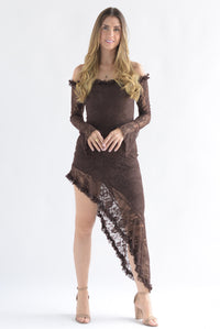 Fashion Styled Vestido asimétrico encaje manga larga Espresso