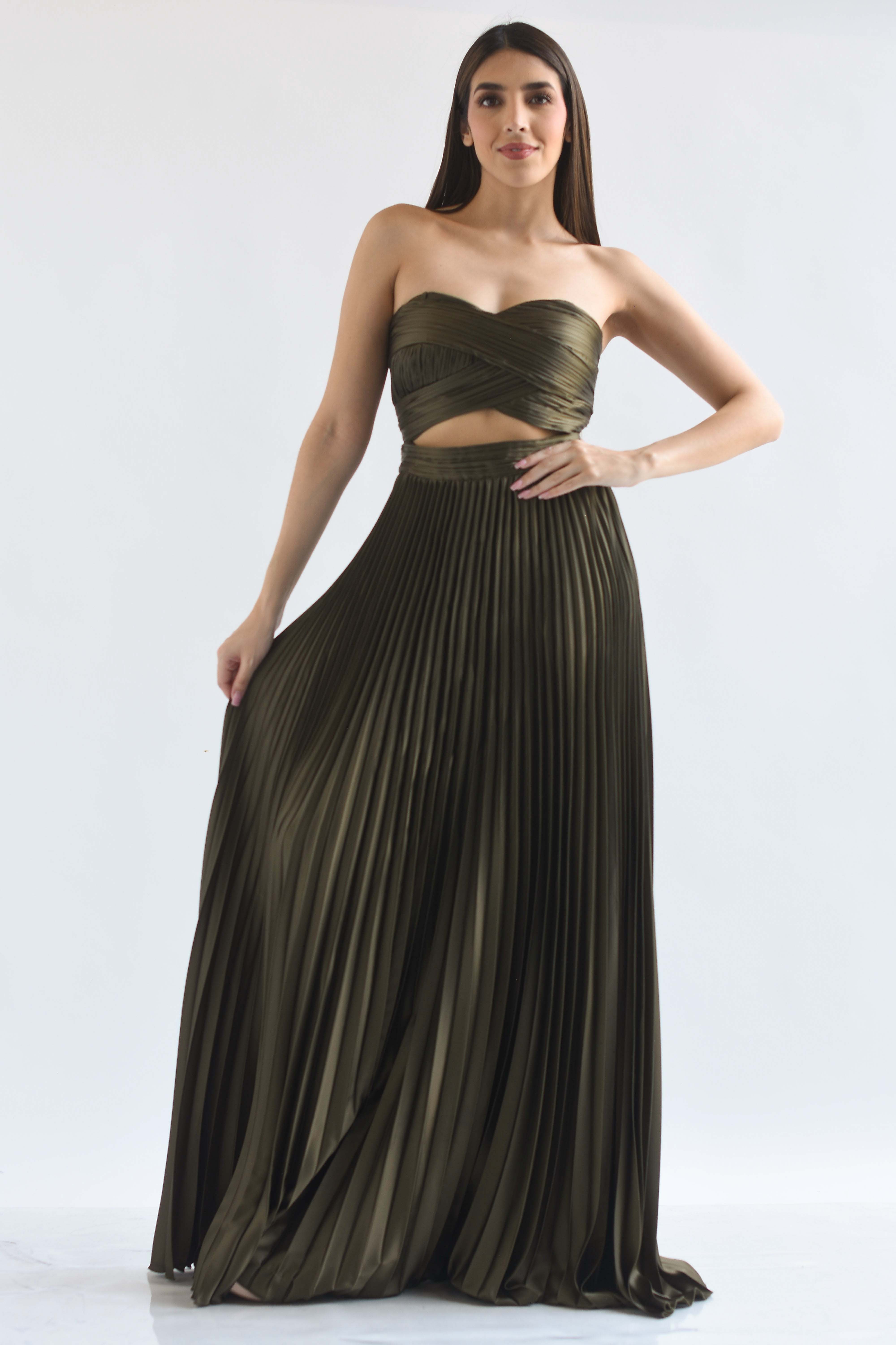 Vestido largo plisado jareta espalda
