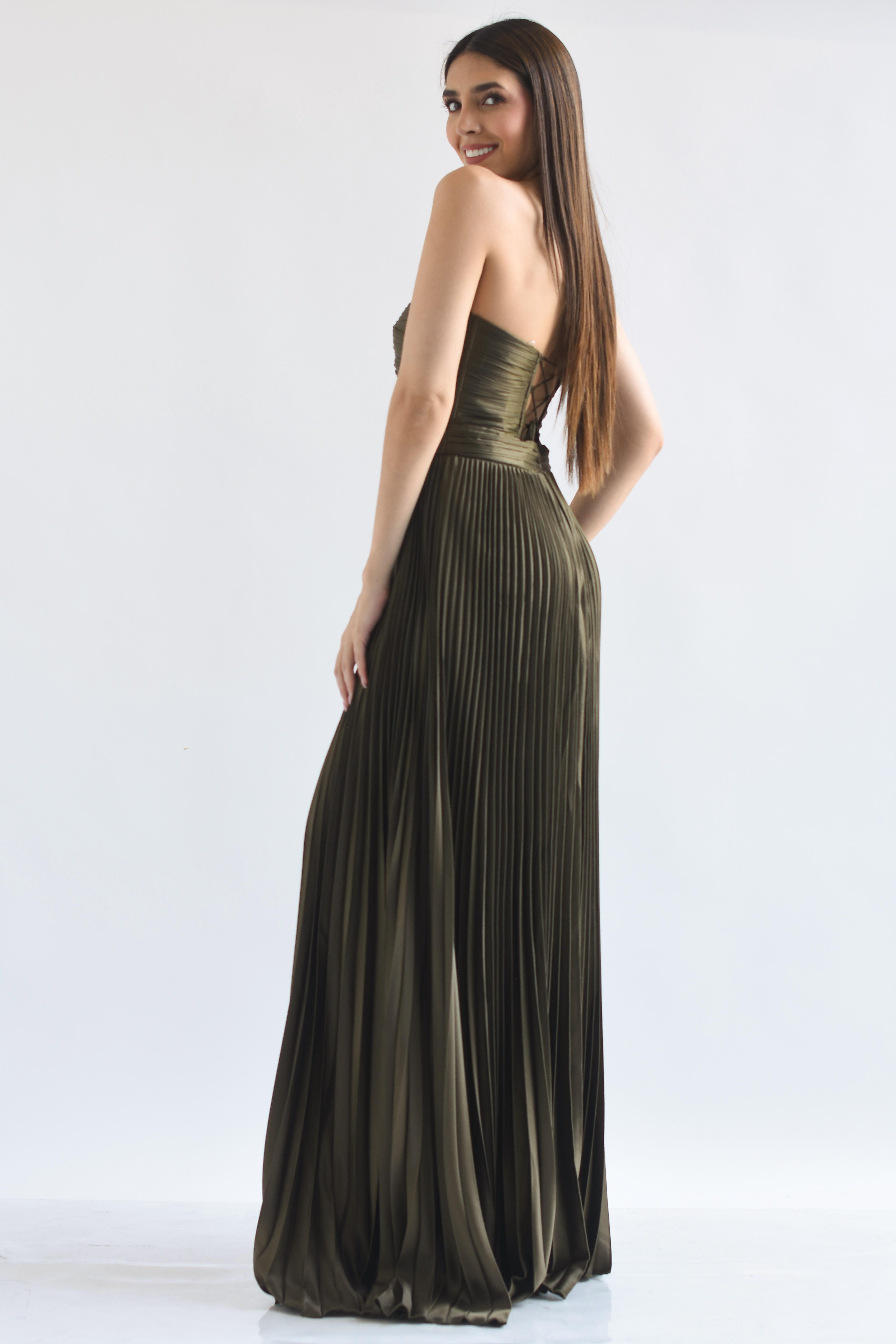 Vestido largo plisado jareta espalda