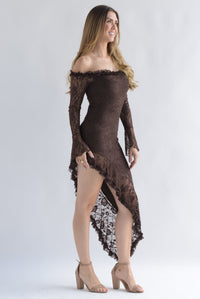 Fashion Styled Vestido asimétrico encaje manga larga Espresso