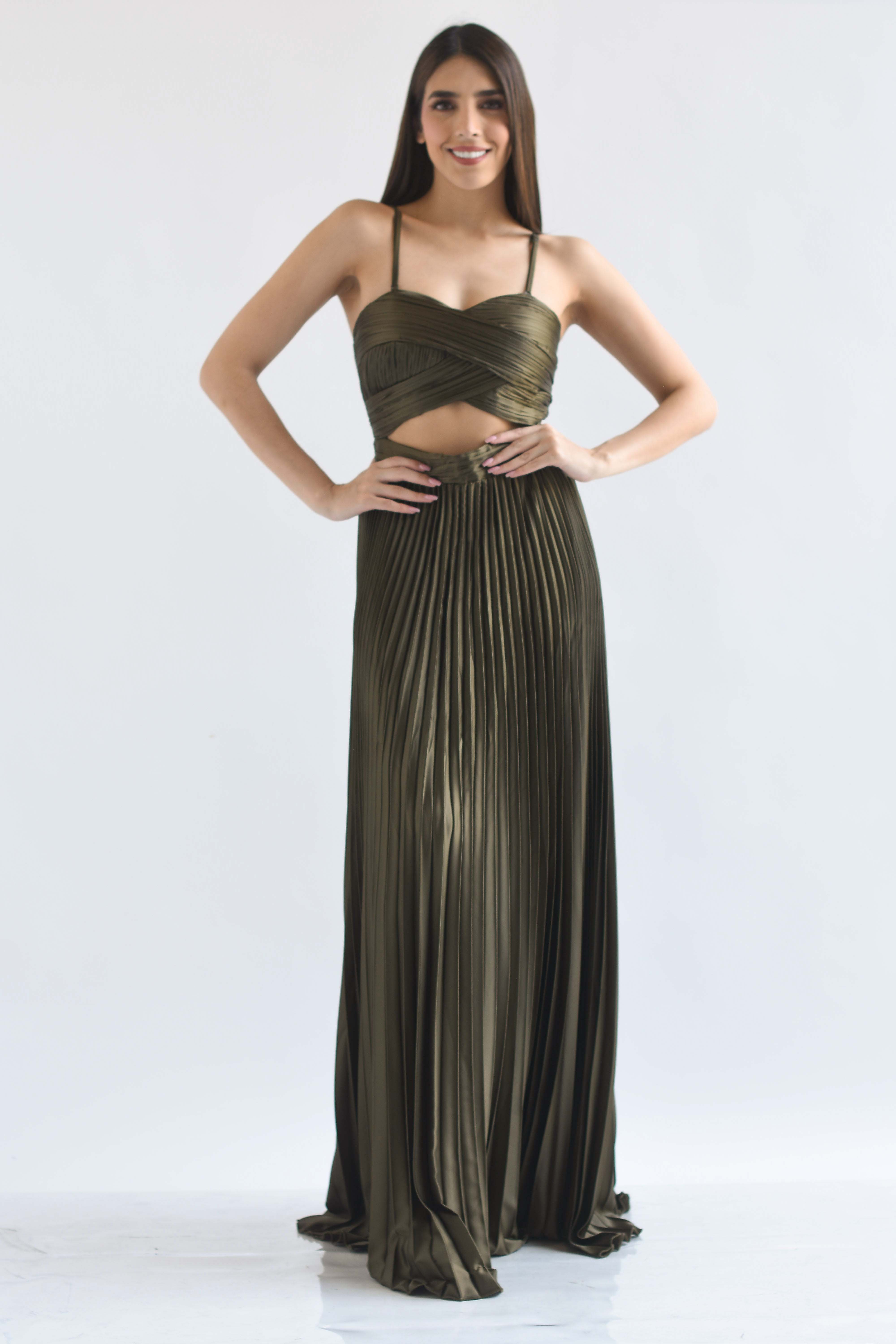 Vestido largo plisado jareta espalda