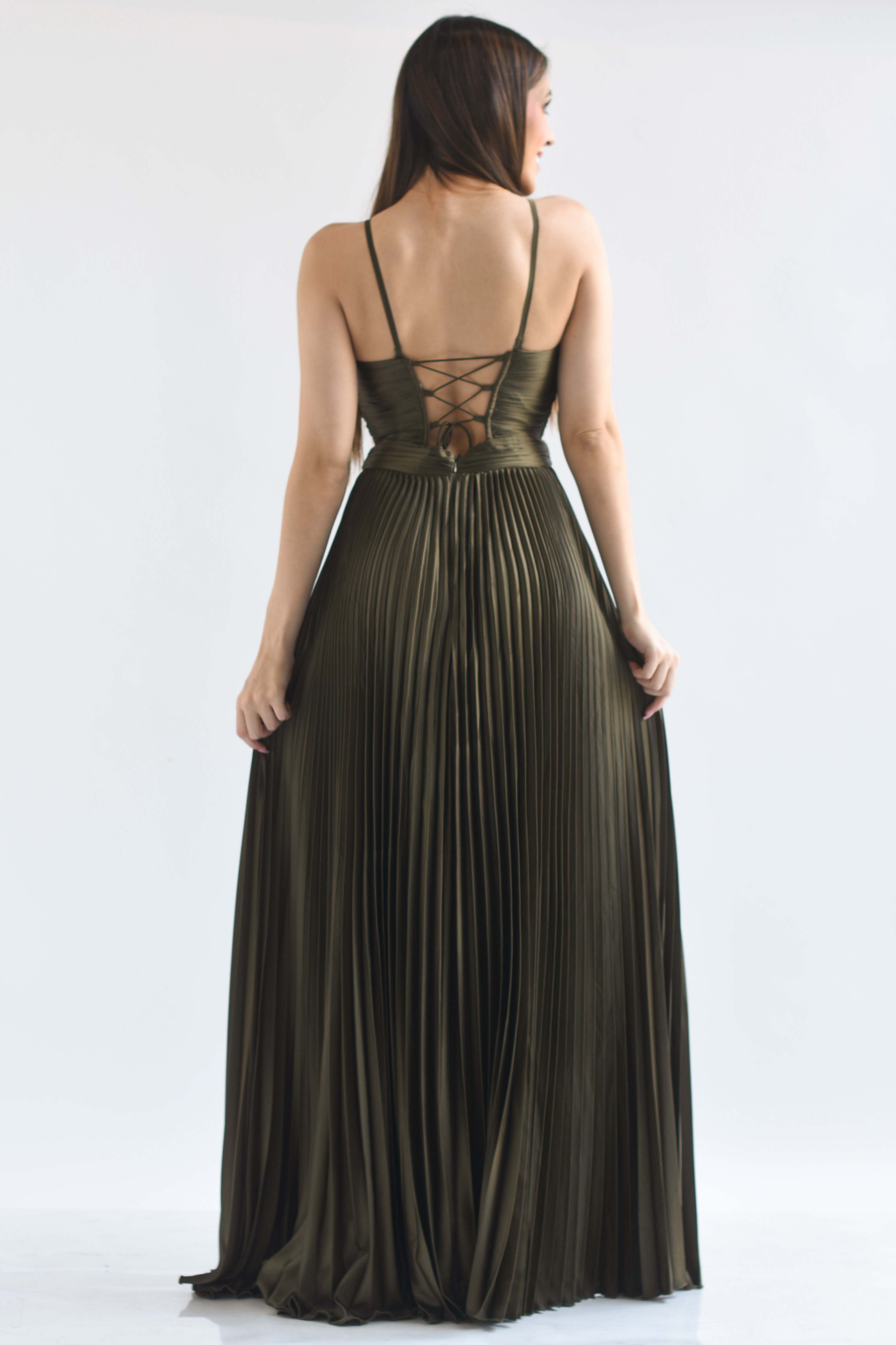 Vestido largo plisado jareta espalda