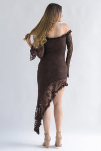 Fashion Styled Vestido asimétrico encaje manga larga Espresso
