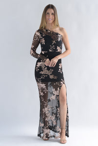 Fashion Styled Vestido asimétrico flores lentejuela Negro
