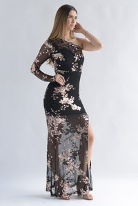 Fashion Styled Vestido asimétrico flores lentejuela Negro