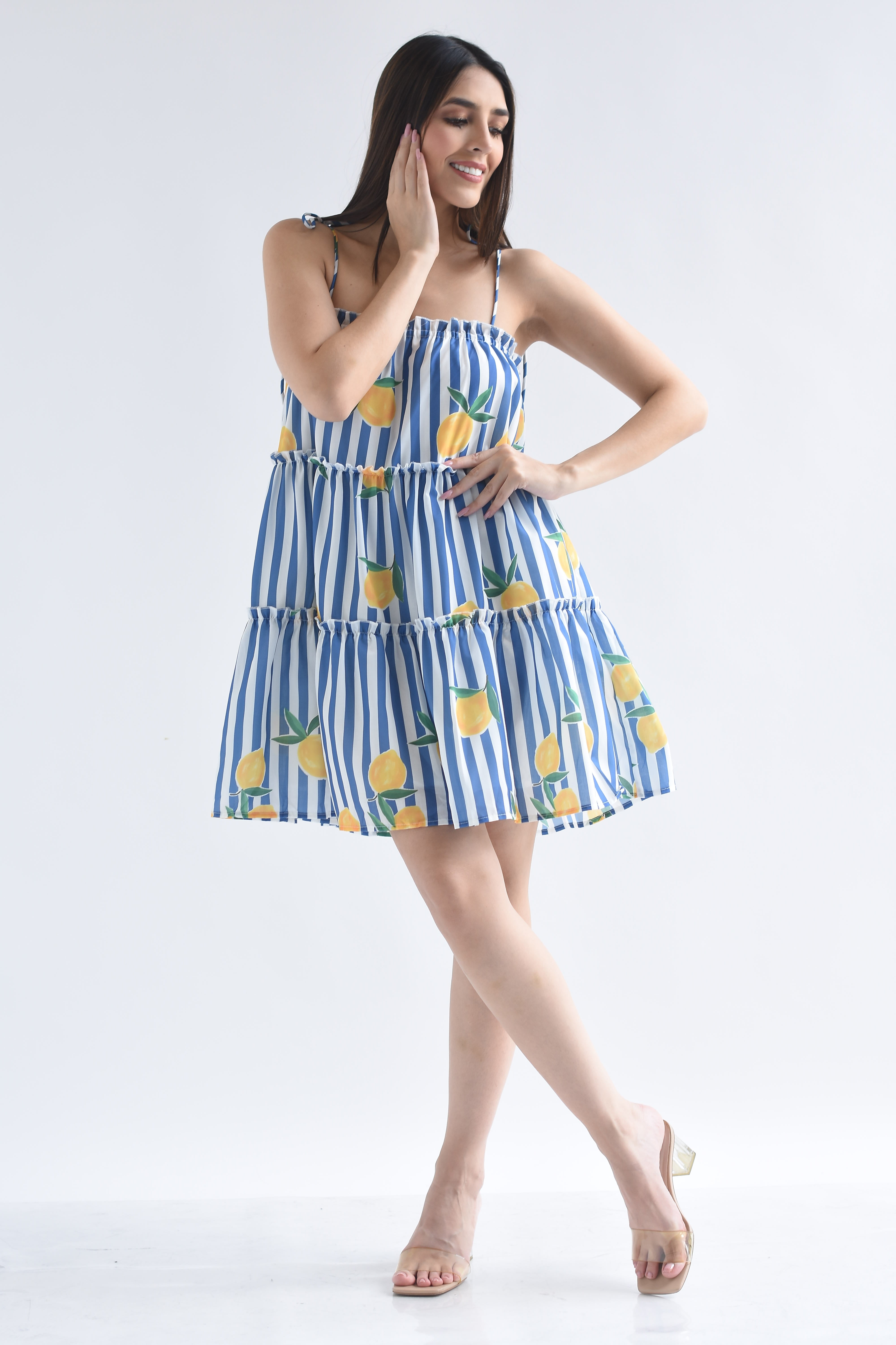Vestido corto tirantes rayas limones