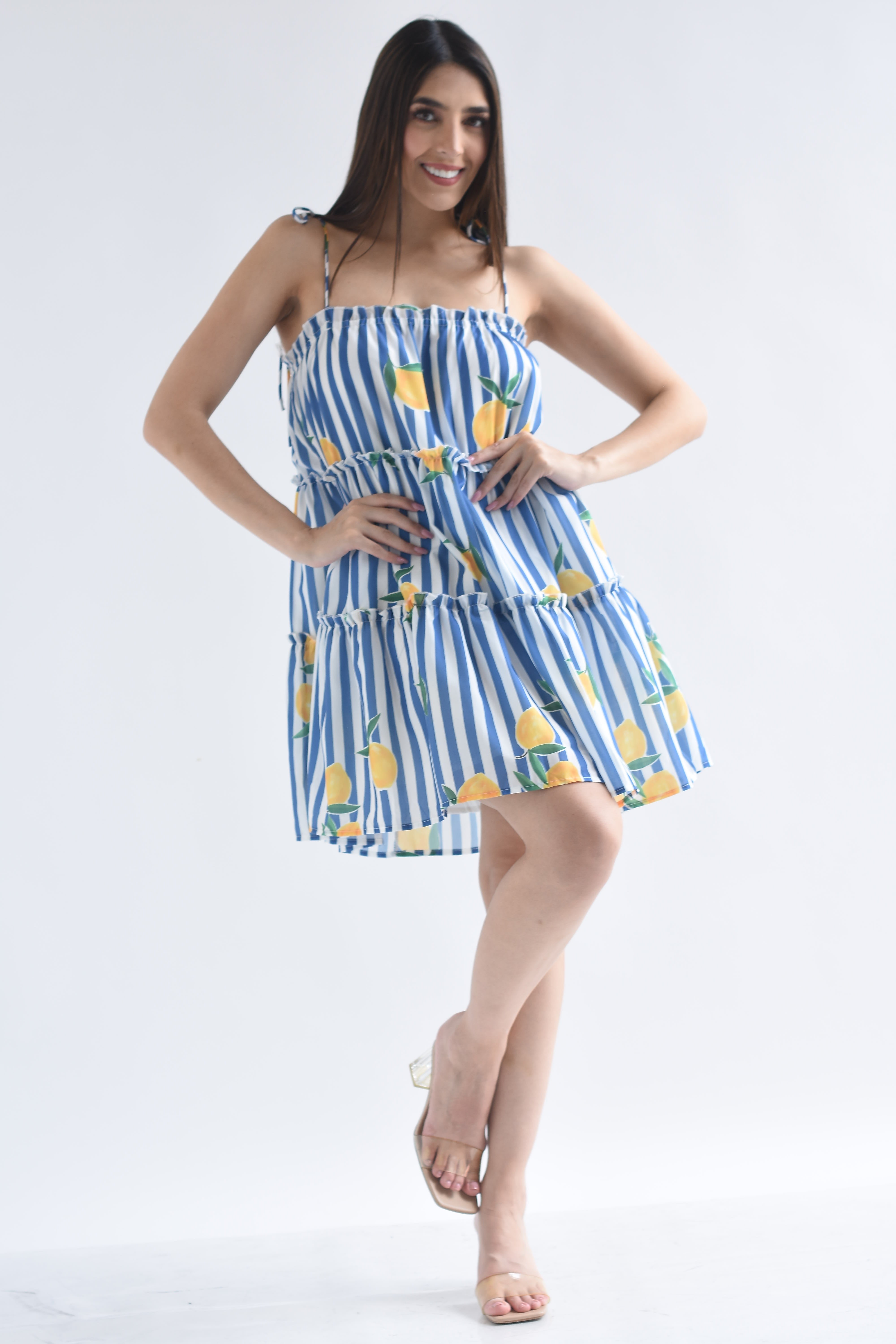Vestido corto tirantes rayas limones