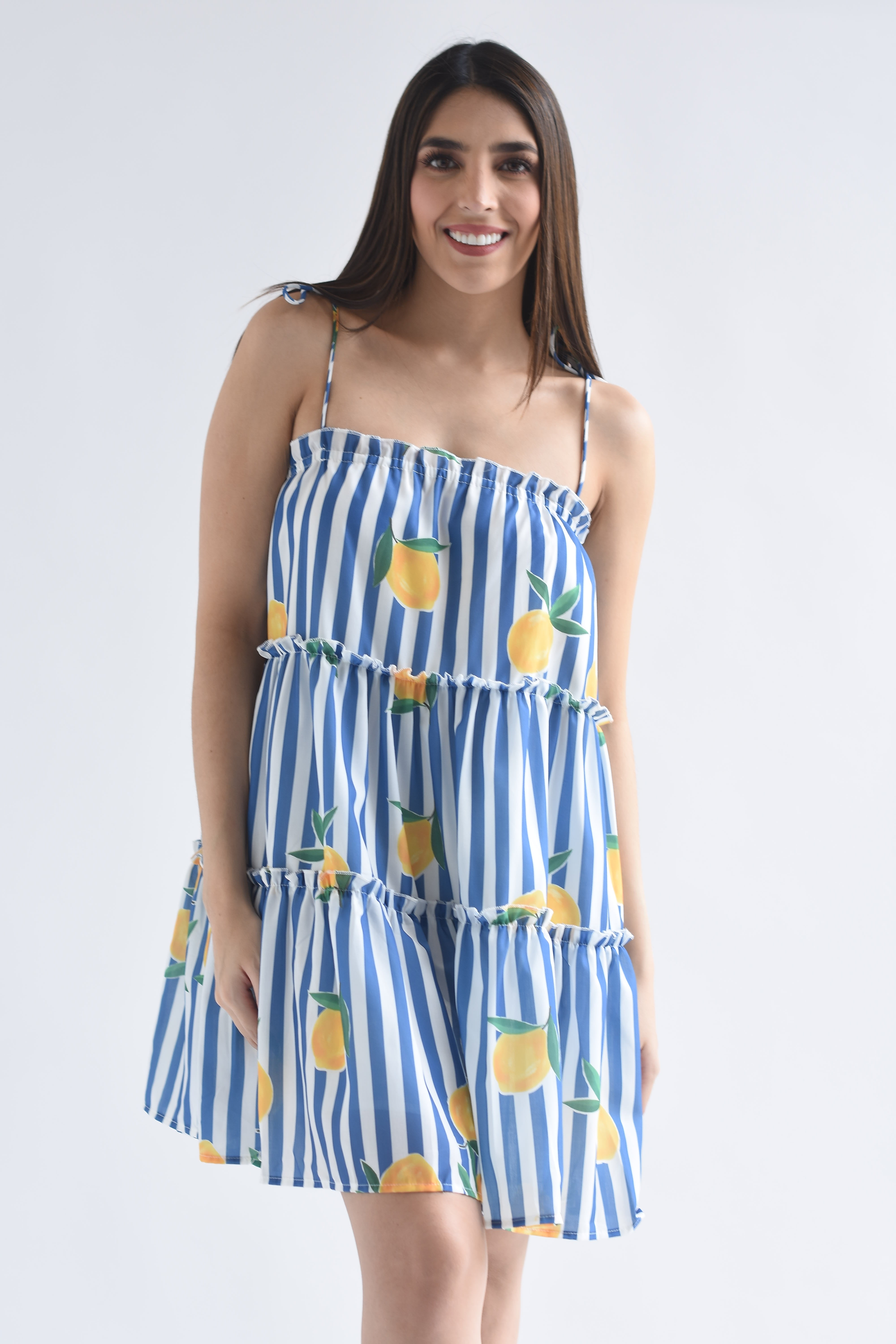 Vestido corto tirantes rayas limones