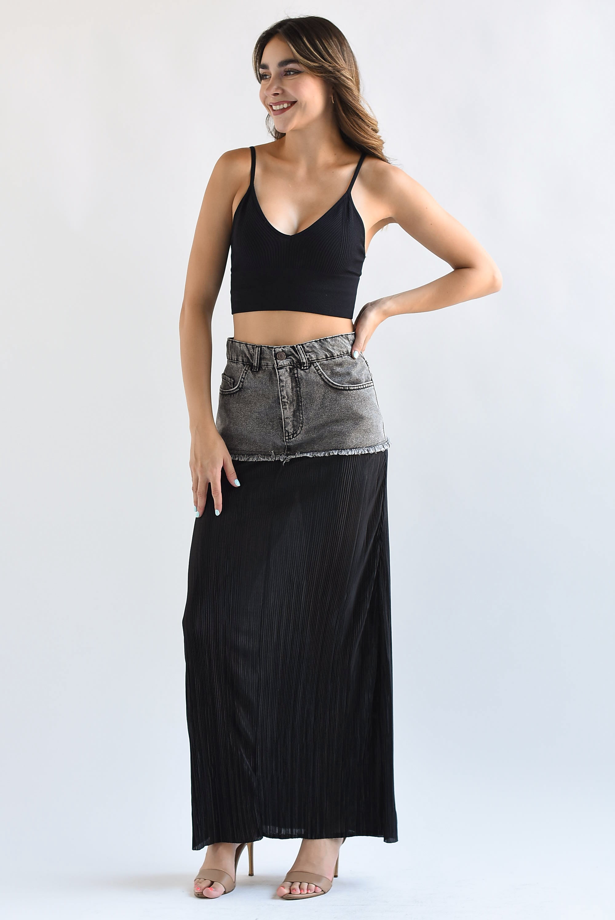 Falda plisada pretina Denim Negra