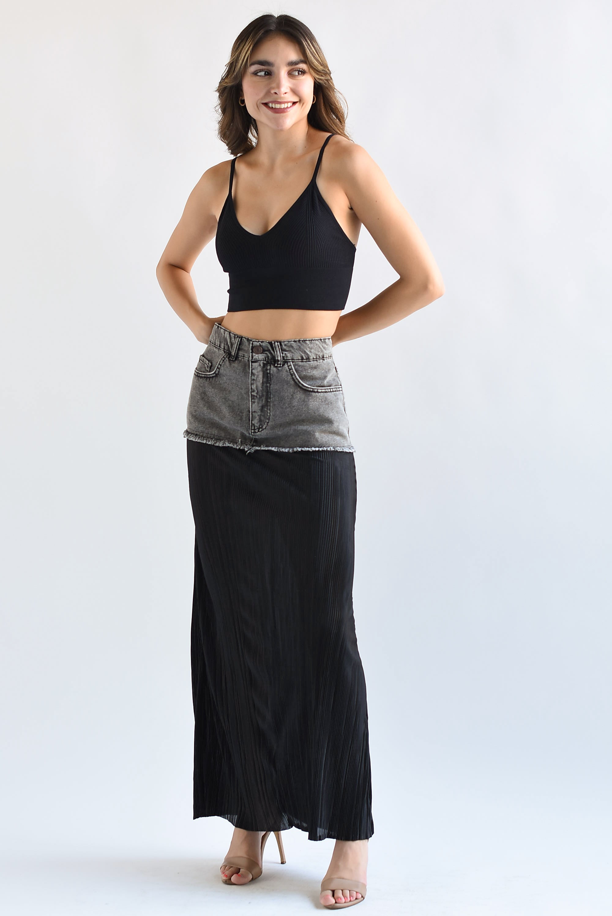 Falda plisada pretina Denim Negra