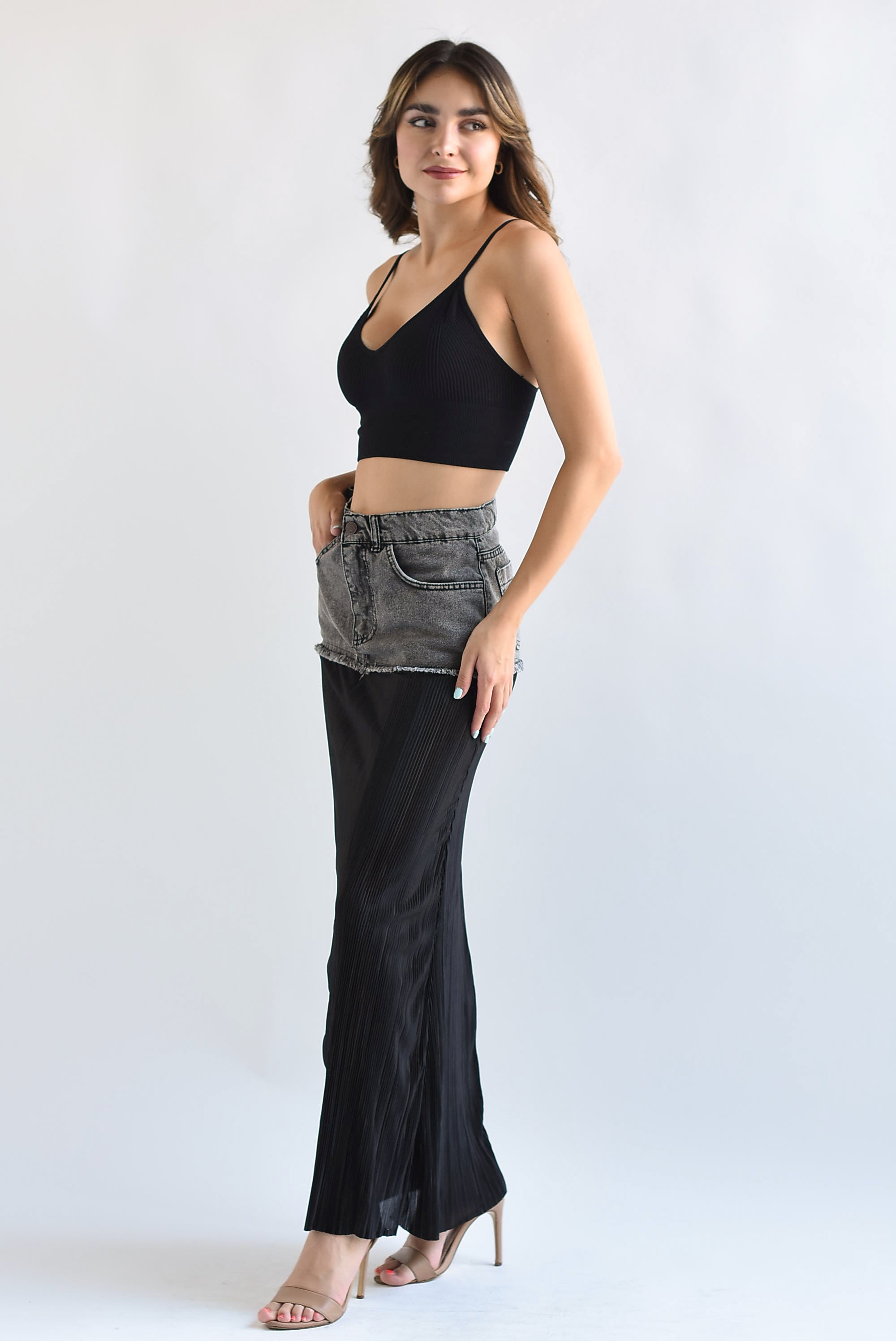 Falda plisada pretina Denim Negra