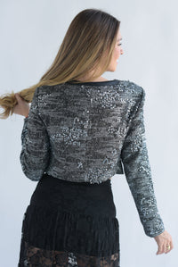 Fashion Styled Blazer corto tweed lentejuela Plata