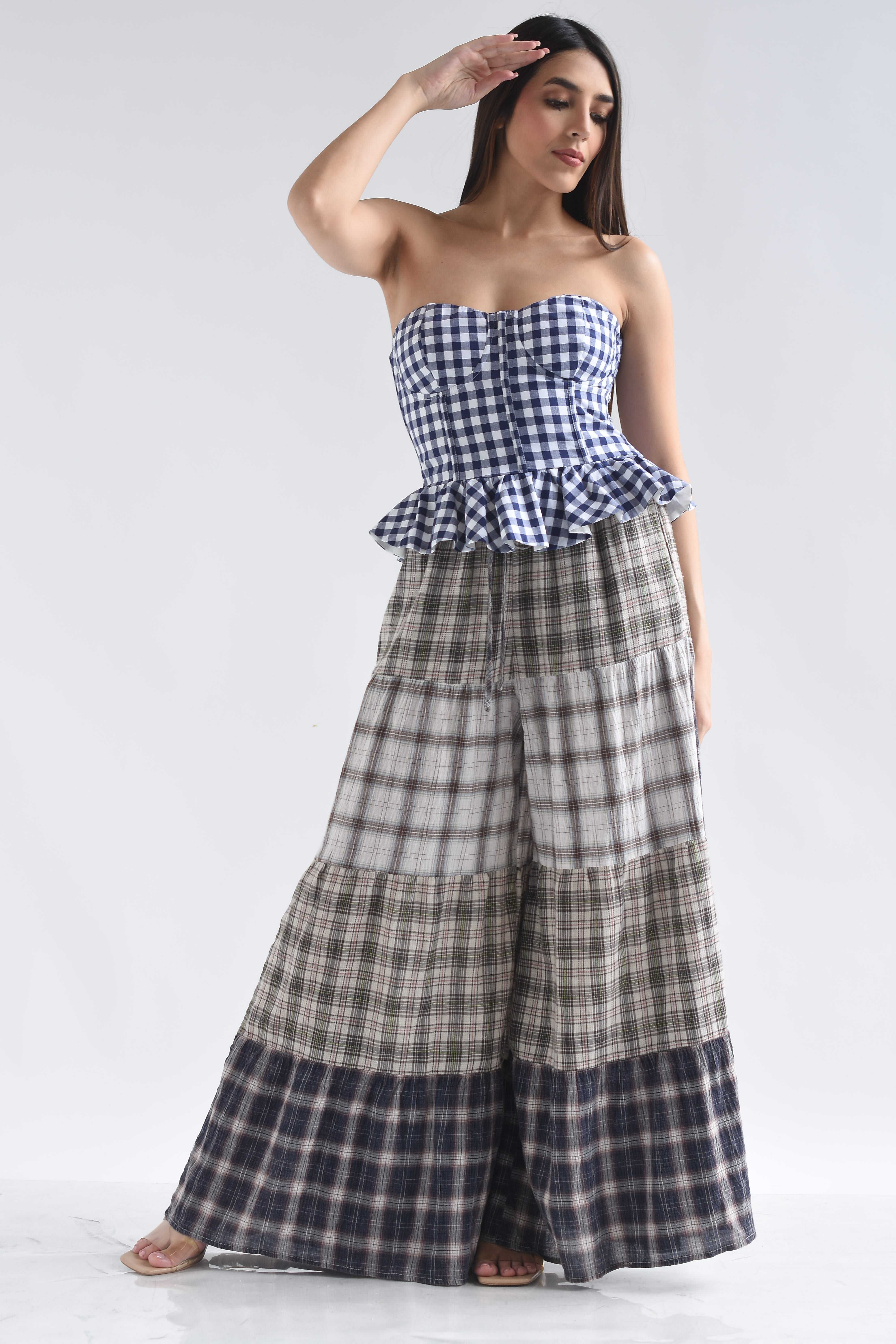 Pantalón maxi campana patchwork cuadros