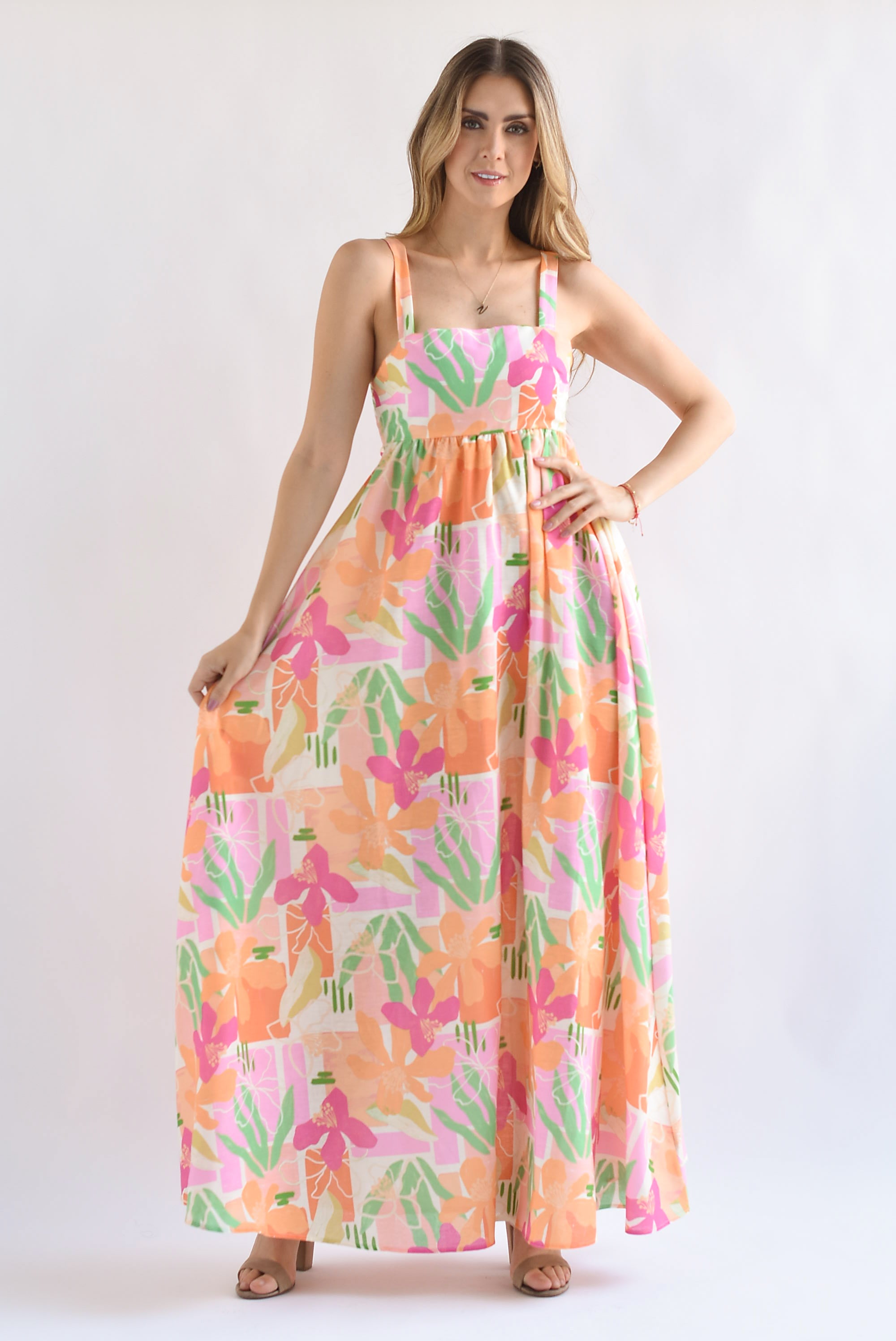 Vestido largo corte princesa Flores Multicolor