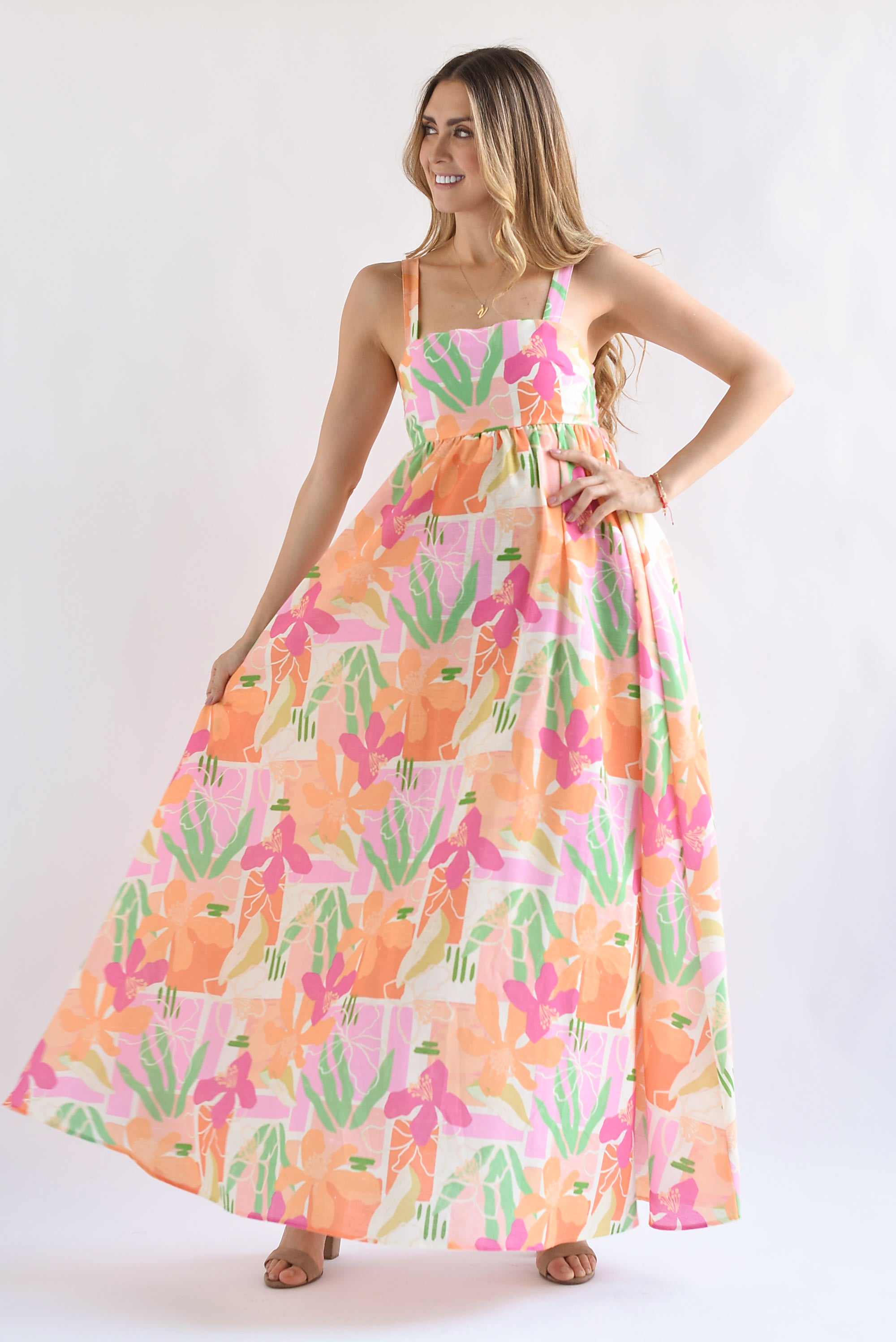 Vestido largo corte princesa Flores Multicolor