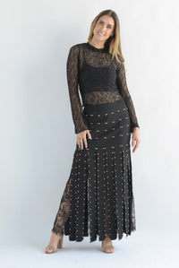Fashion Styled Falda flecos estoperoles fondo encaje Negro
