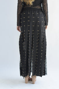 Fashion Styled Falda flecos estoperoles fondo encaje Negro