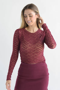 Fashion Styled Blusa manga larga encaje Vino
