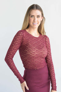 Fashion Styled Blusa manga larga encaje Vino