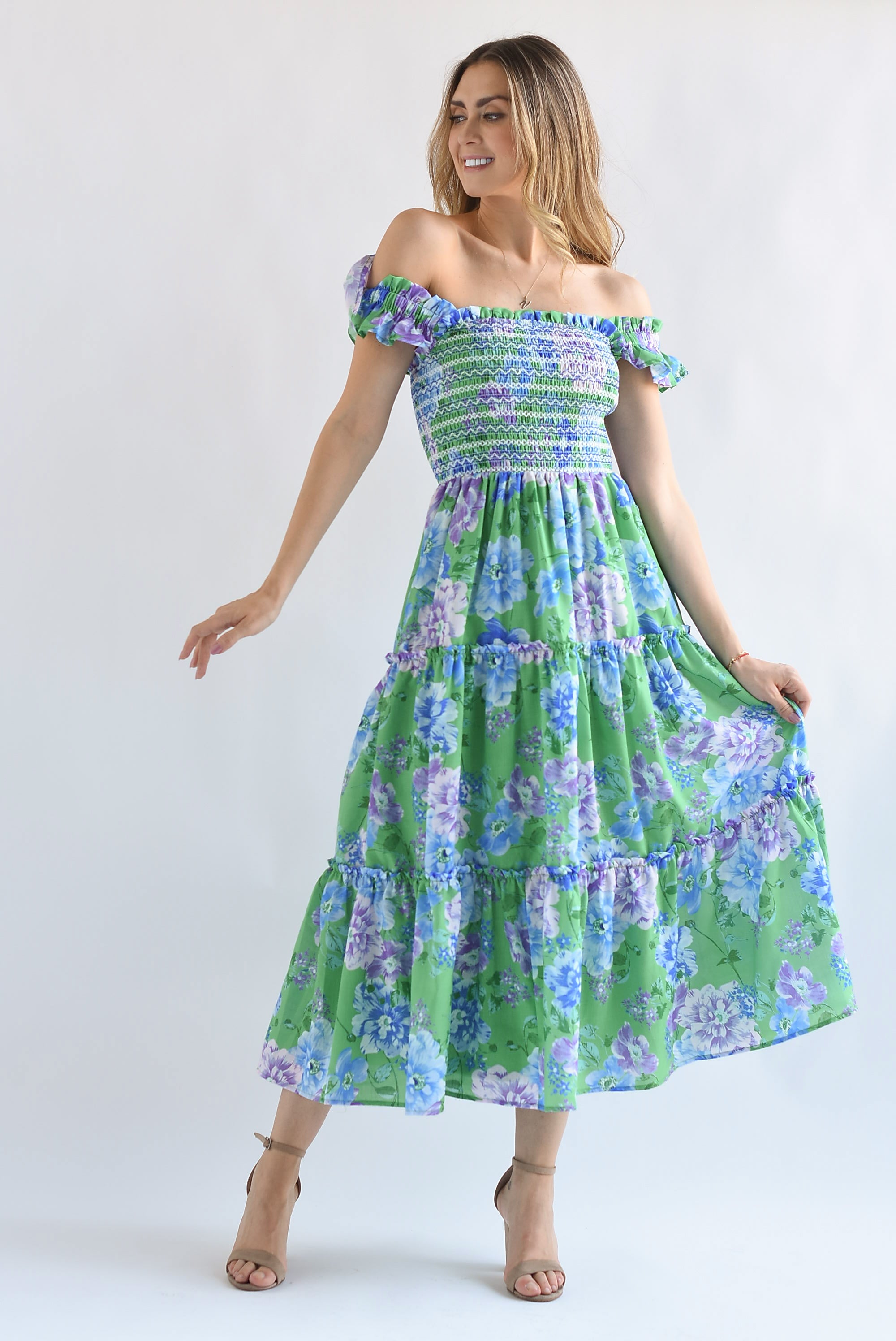 Vestido midi torso y tirantes elástico Flores Verde