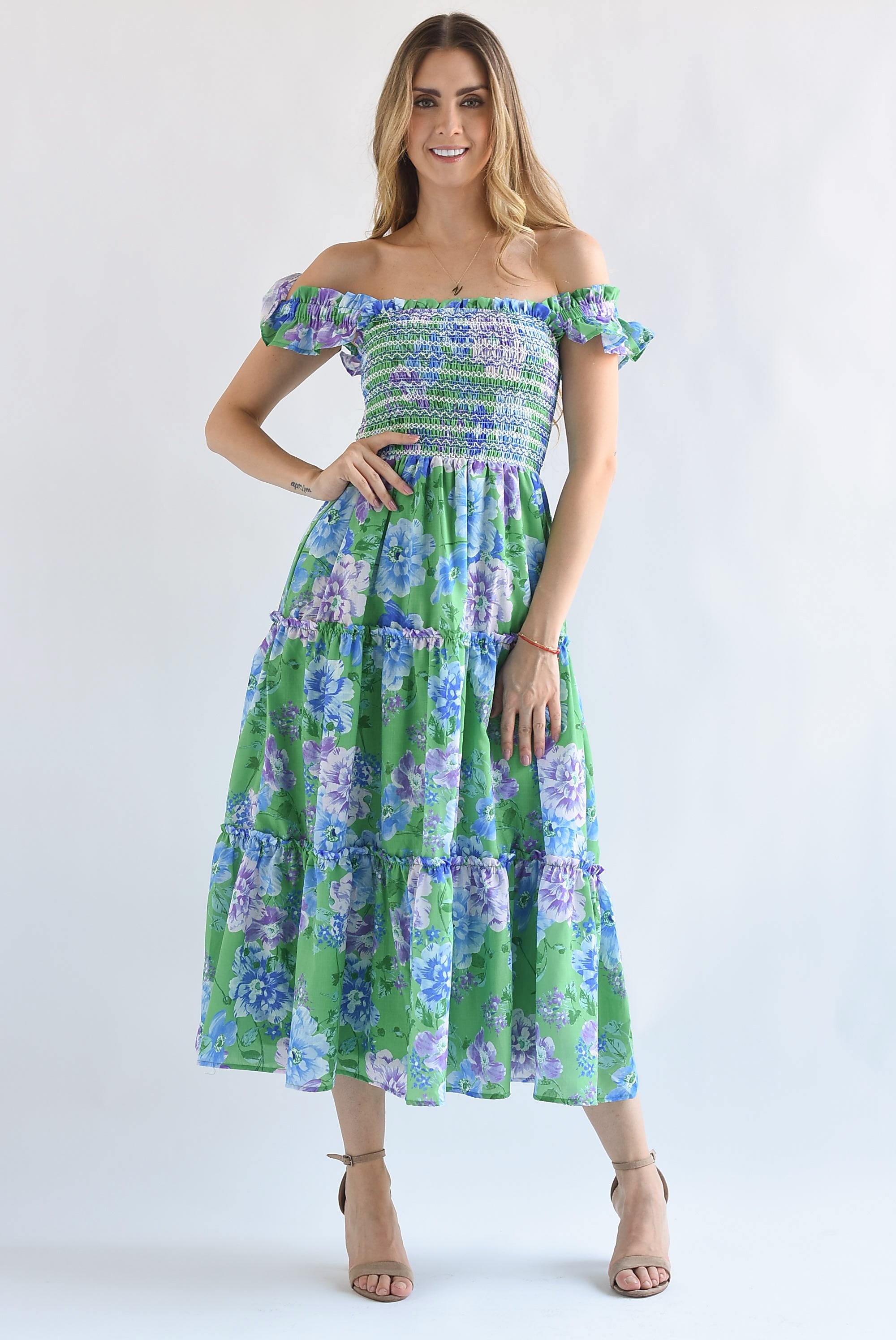 Vestido midi torso y tirantes elástico Flores Verde