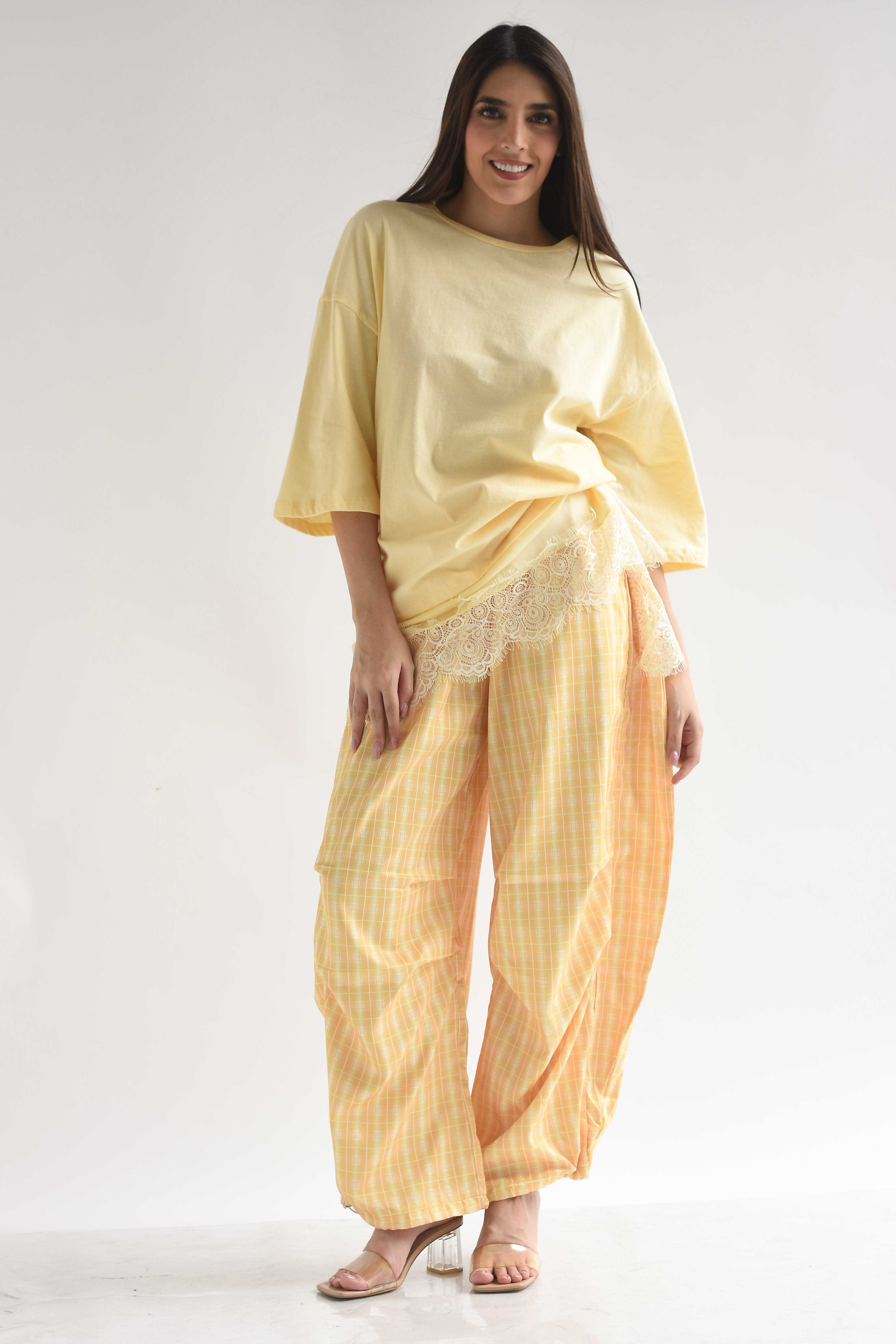 Pantalón barrel cuadros jaretas