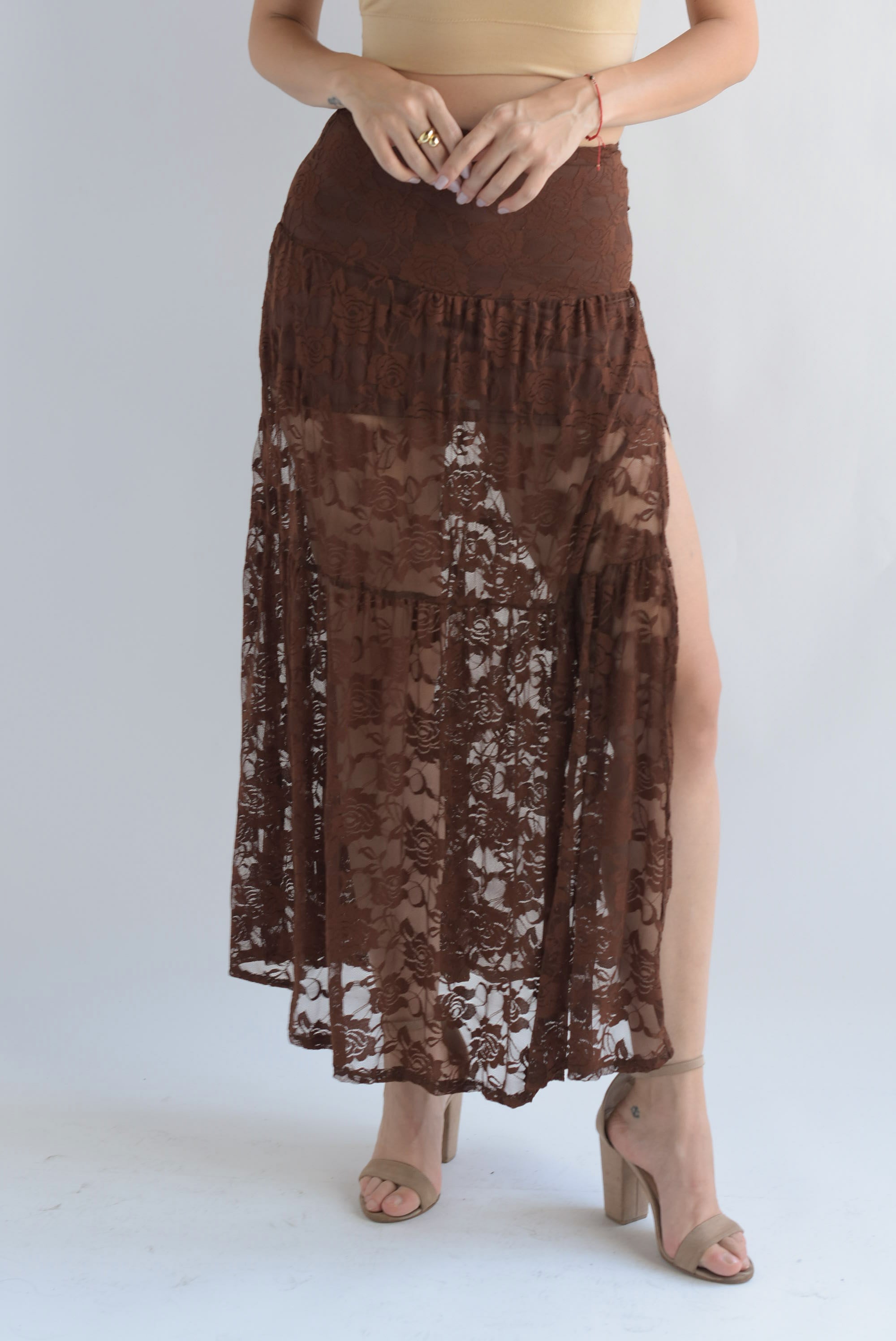 Falda encaje abertura Café
