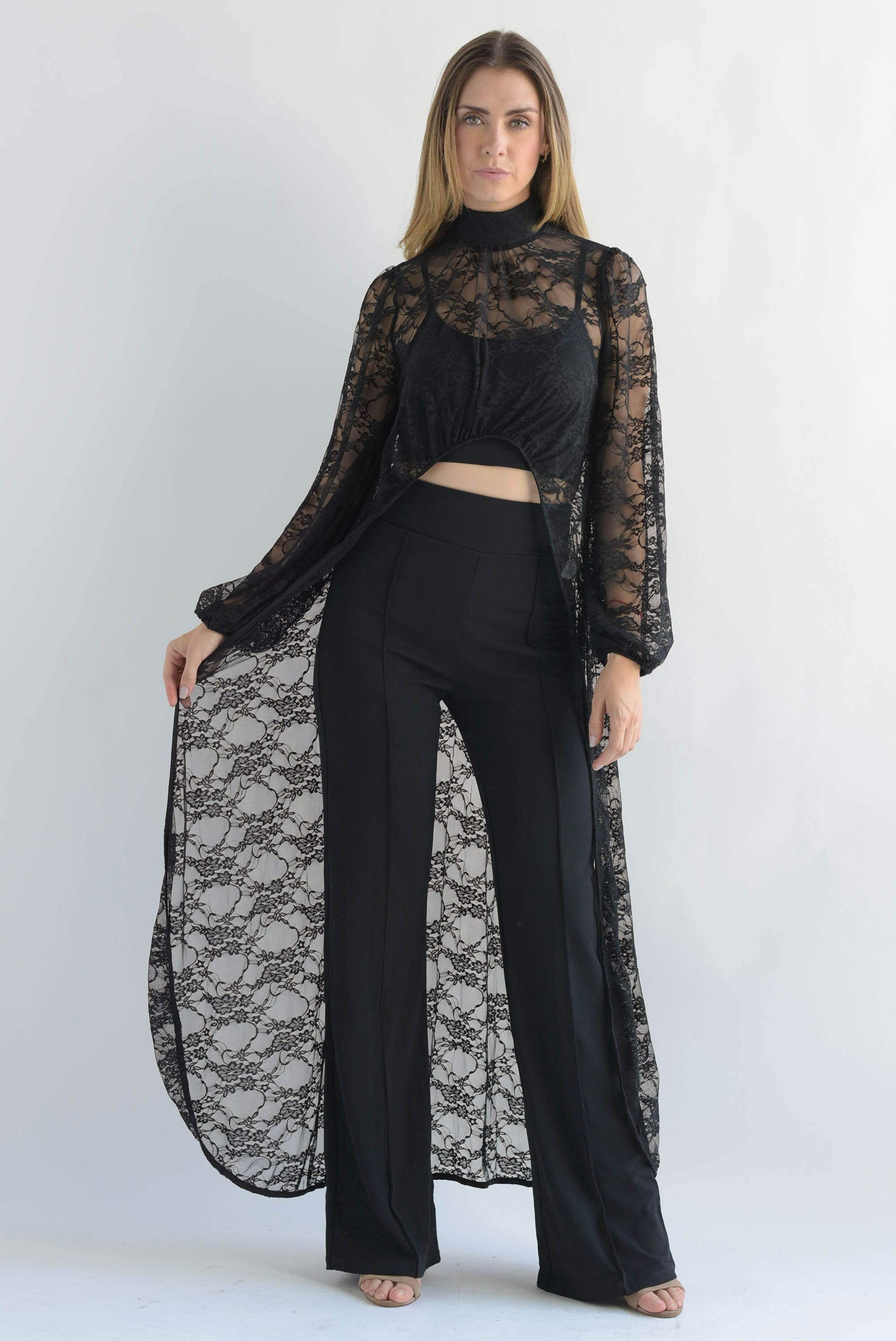 Maxi blusa asimétrica encaje Negro