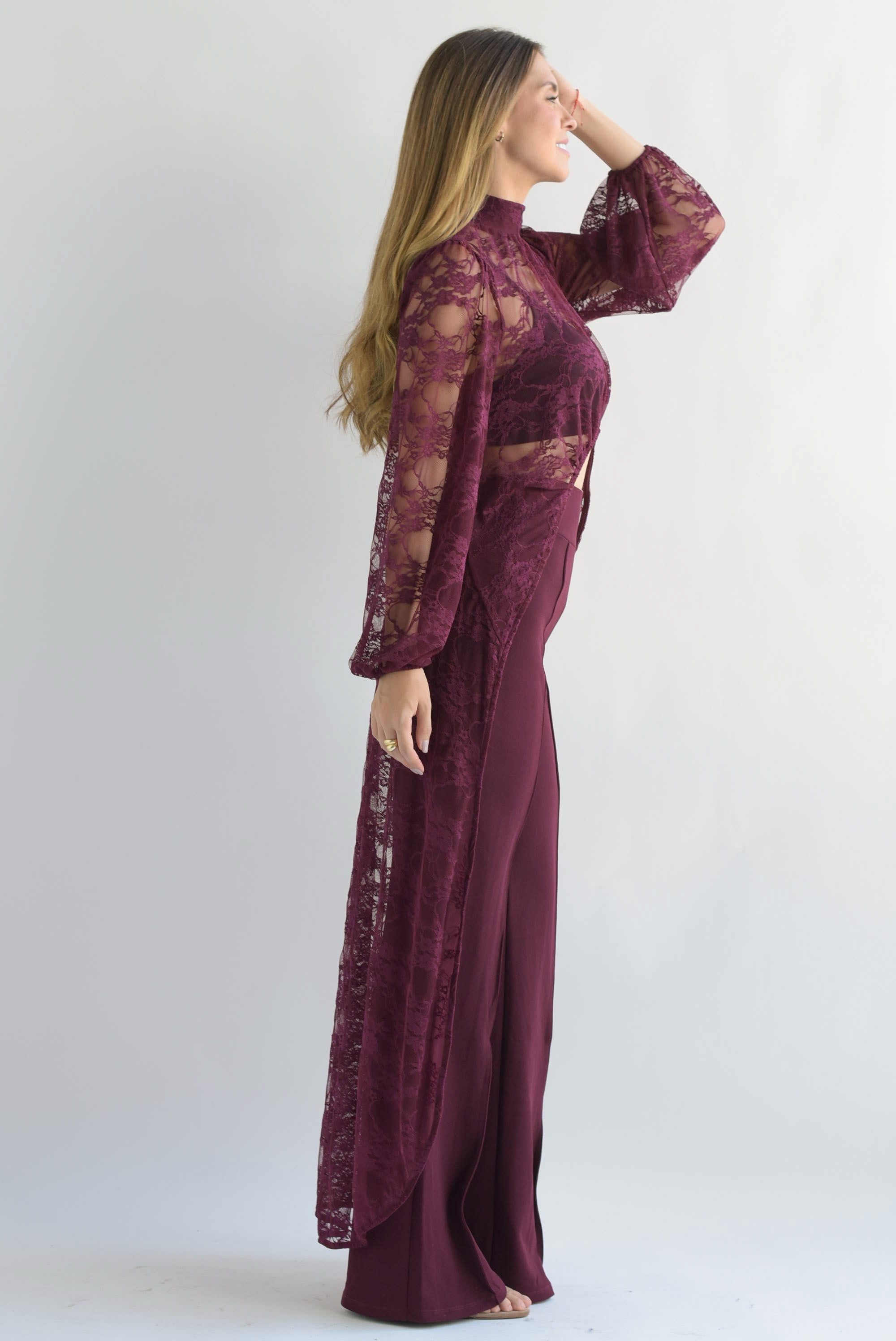 Maxi blusa asimétrica encaje Vino