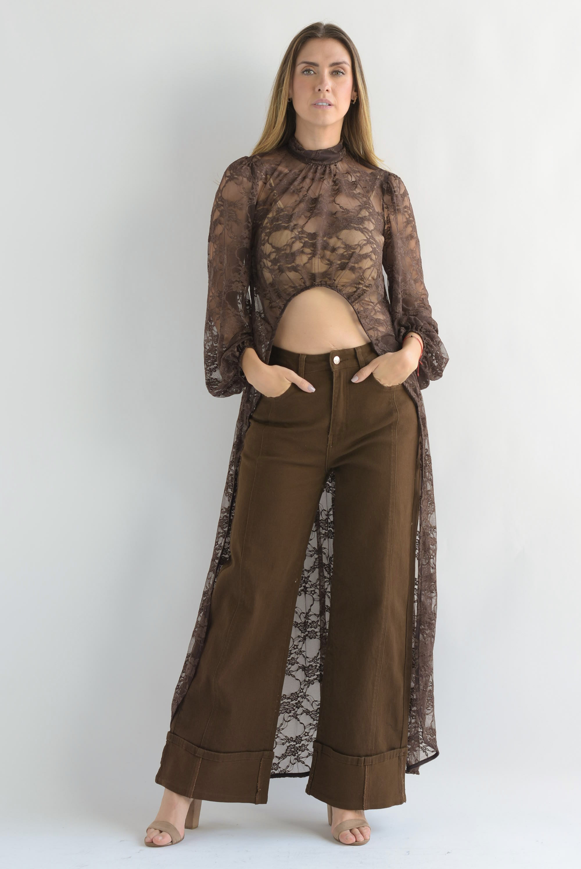 Maxi blusa asimétrica encaje Espresso