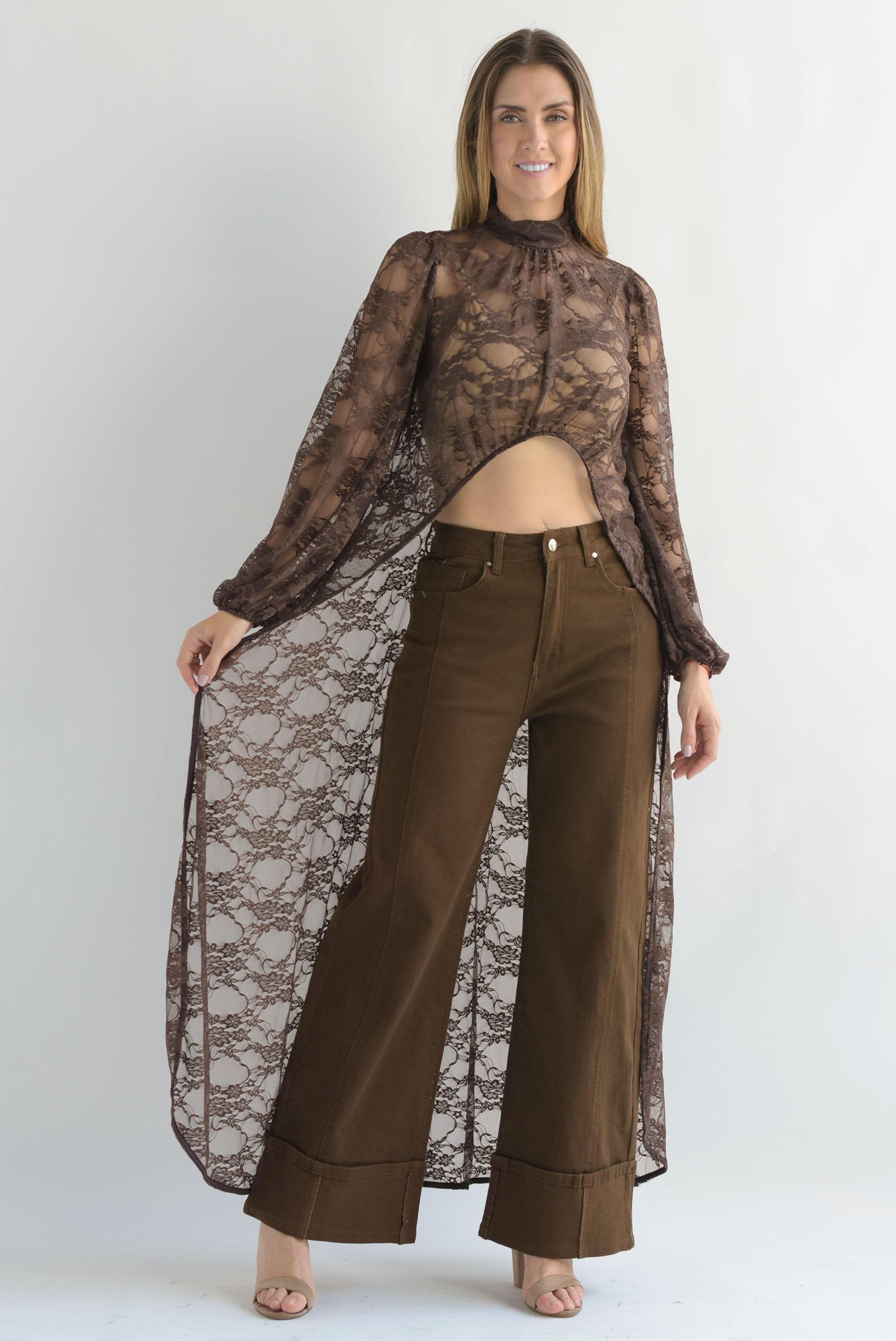 Maxi blusa asimétrica encaje Espresso