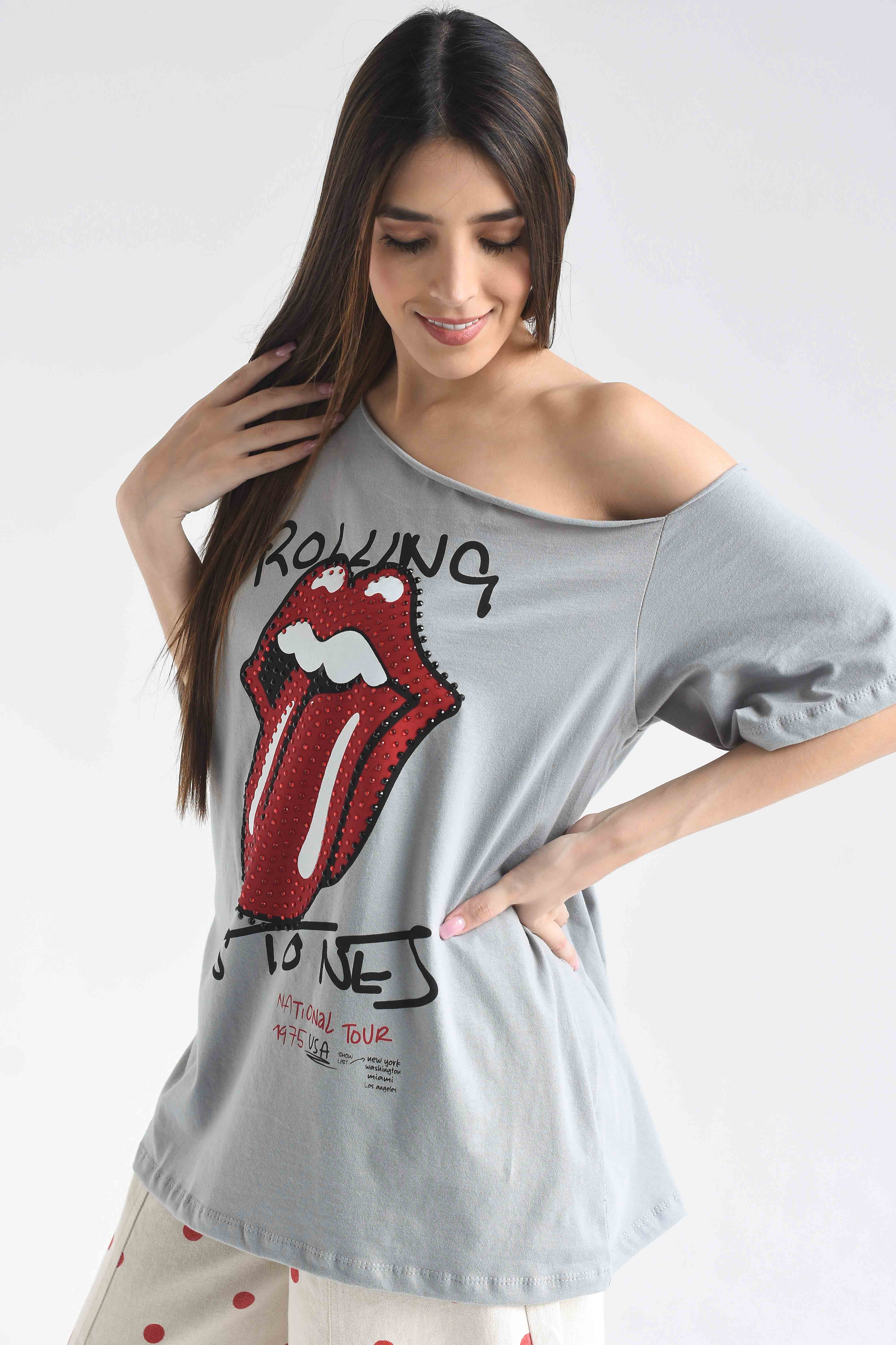 T-Shirt asimétrica Rolling Stones brillos