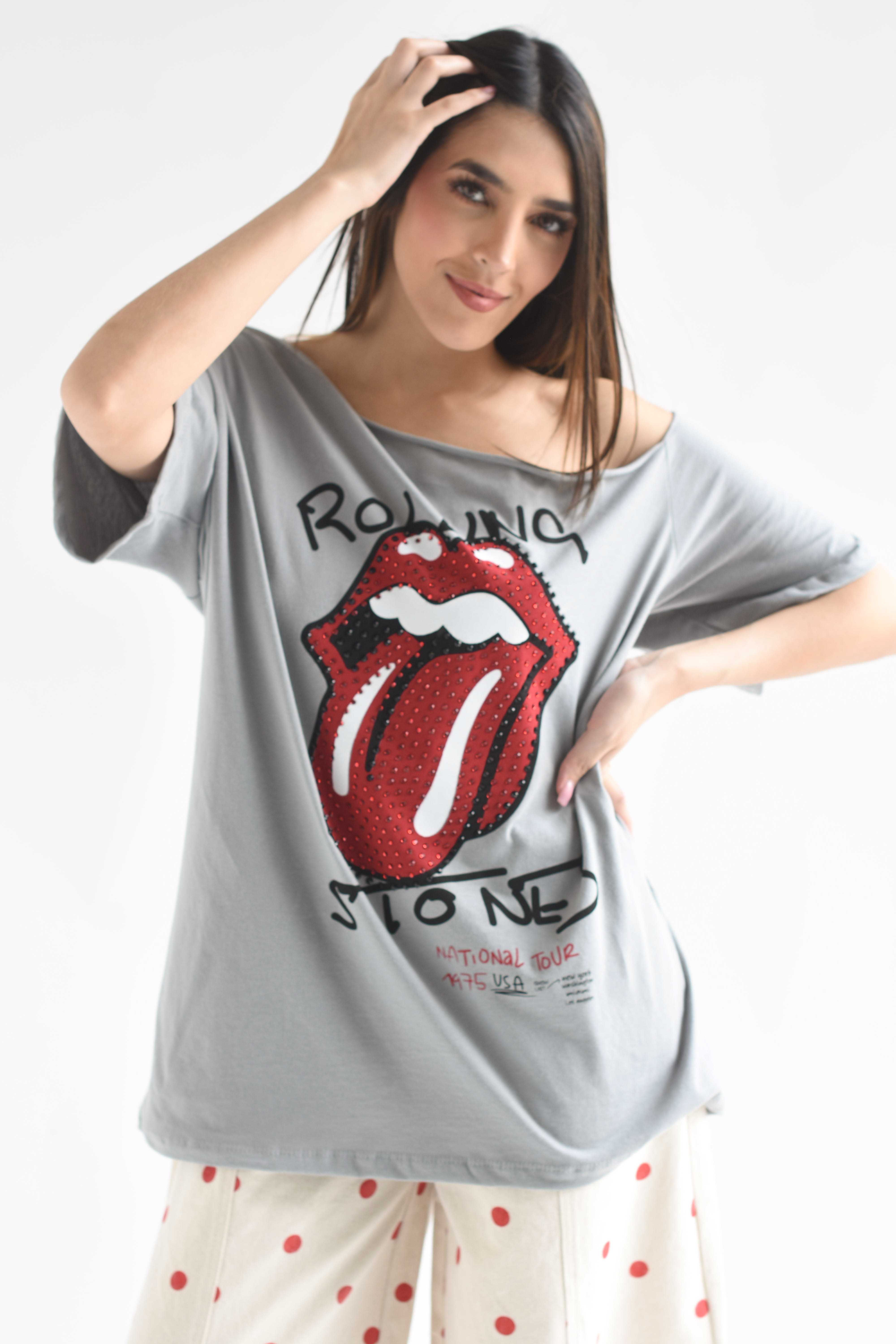 T-Shirt asimétrica Rolling Stones brillos