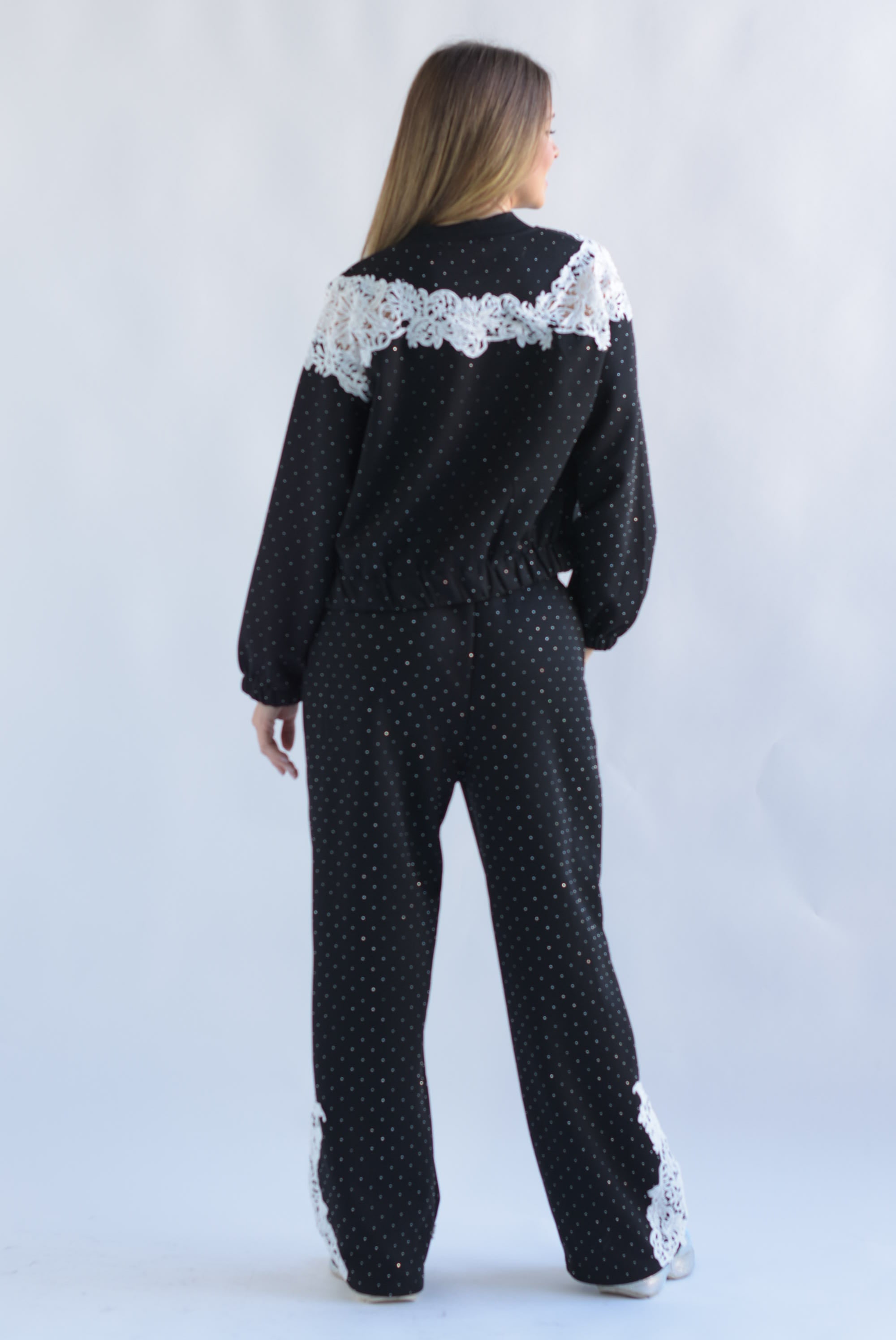 Set Pantalón y Chamarra brillos encaje Negro