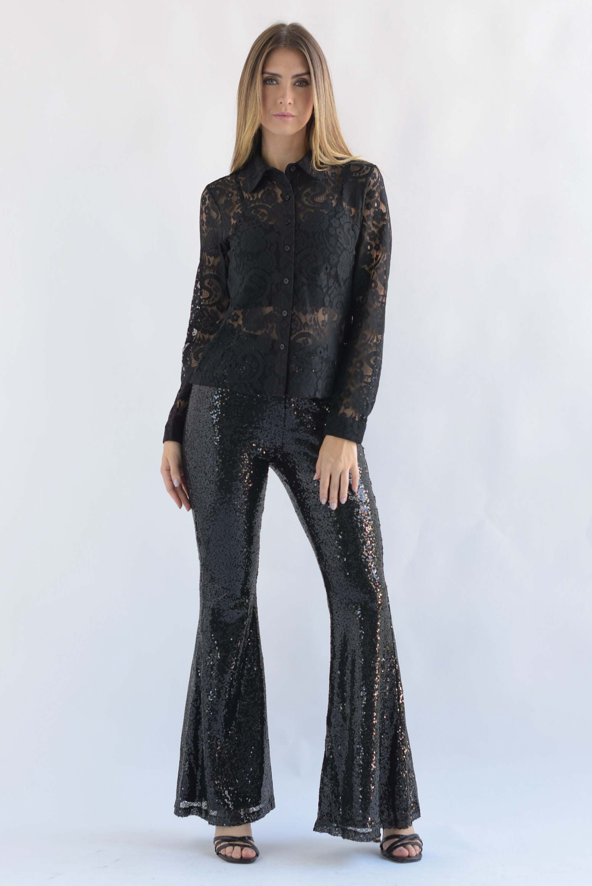 Pantalón acampanado lentejuelas Negro