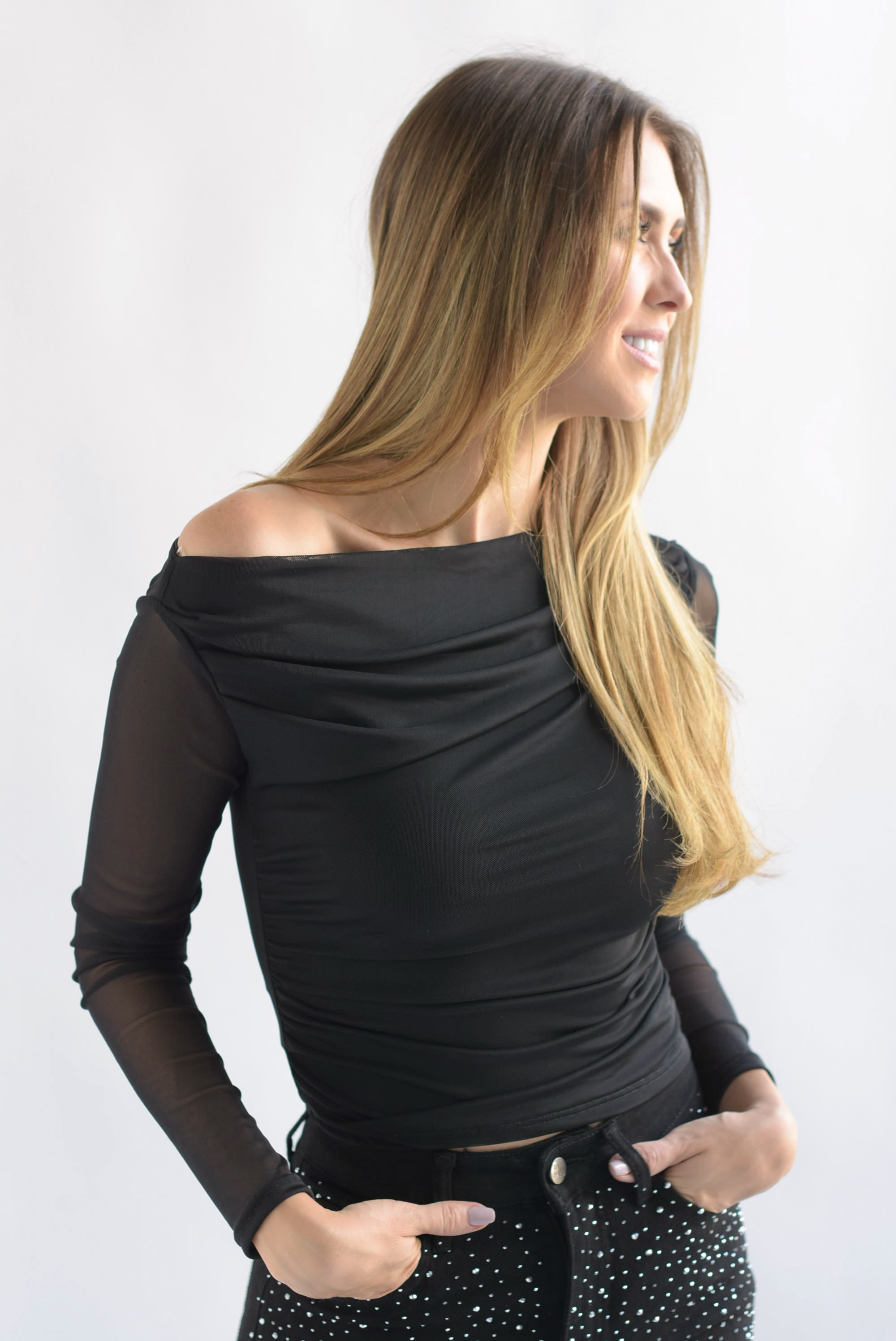 Blusa mesh drapeada Negro