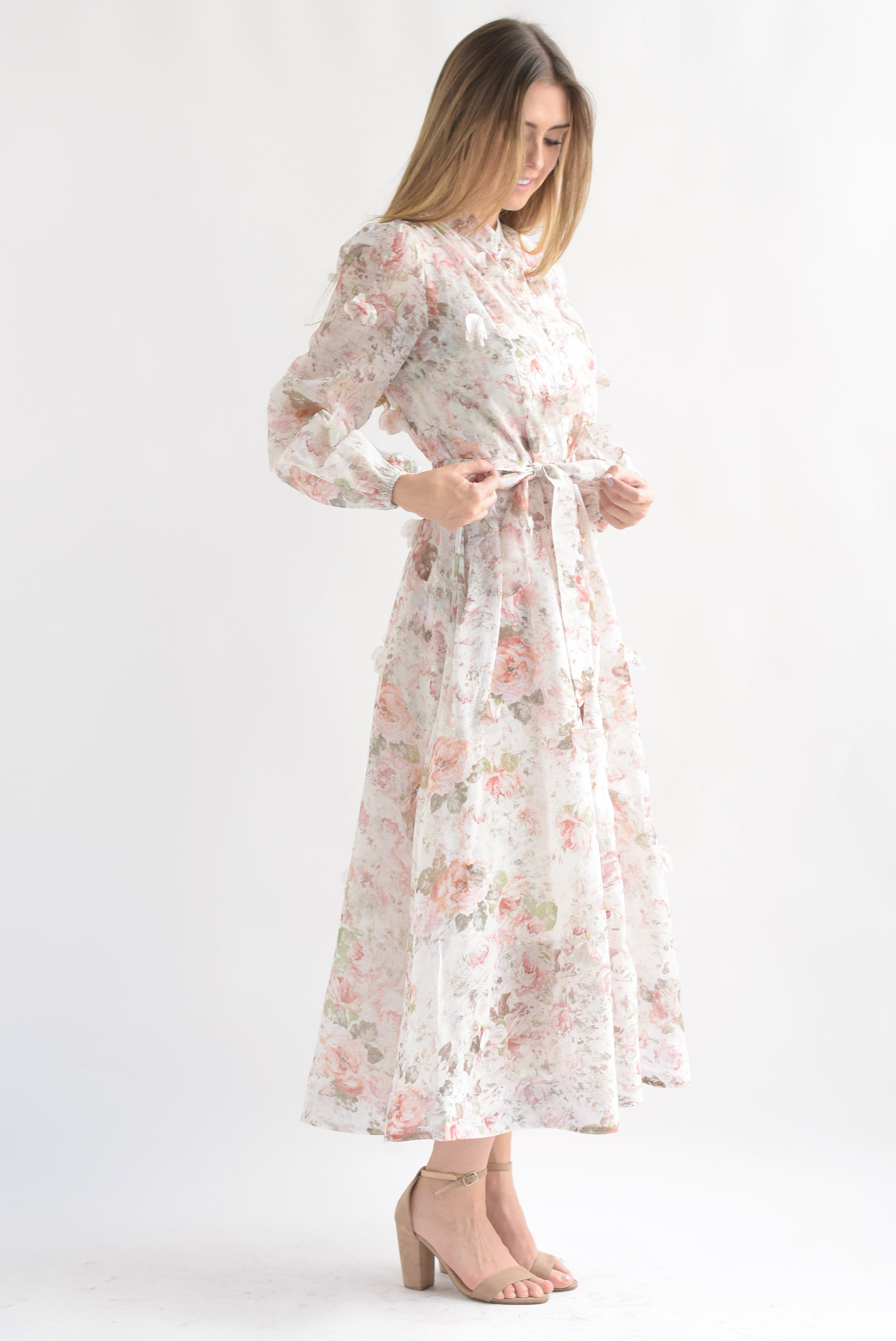 Vestido largo floral pétalos Ivory