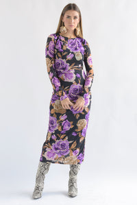 Fashion Styled Vestido mesh flores moradas Negro