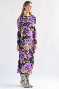 Fashion Styled Vestido mesh flores moradas Negro
