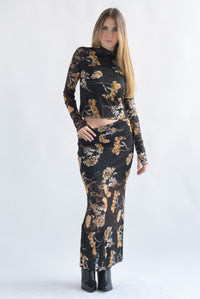 Fashion Styled Set Falda y Blusa encaje flores Negro