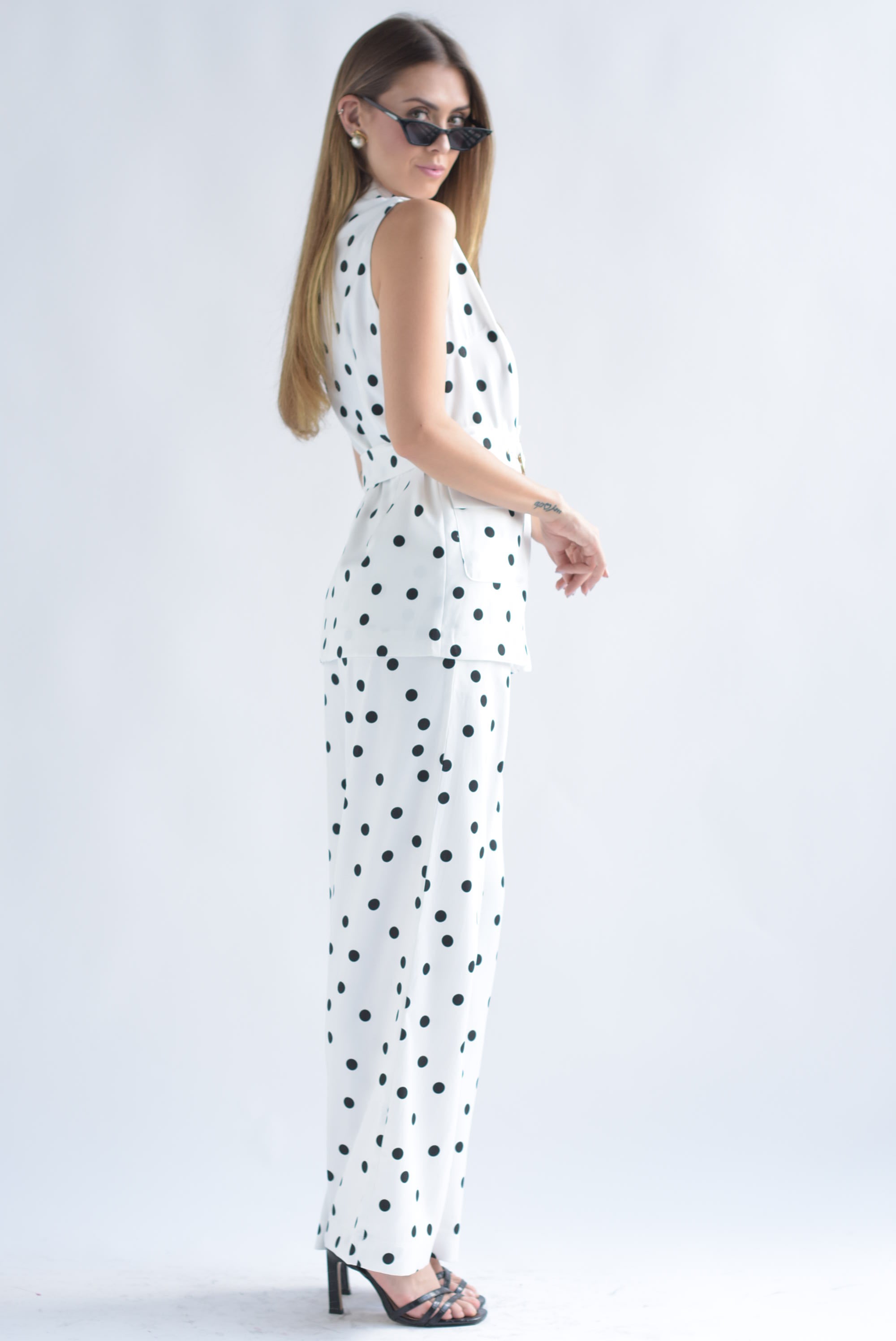 Set Pantalón y Chaleco largo polka dots Blanco