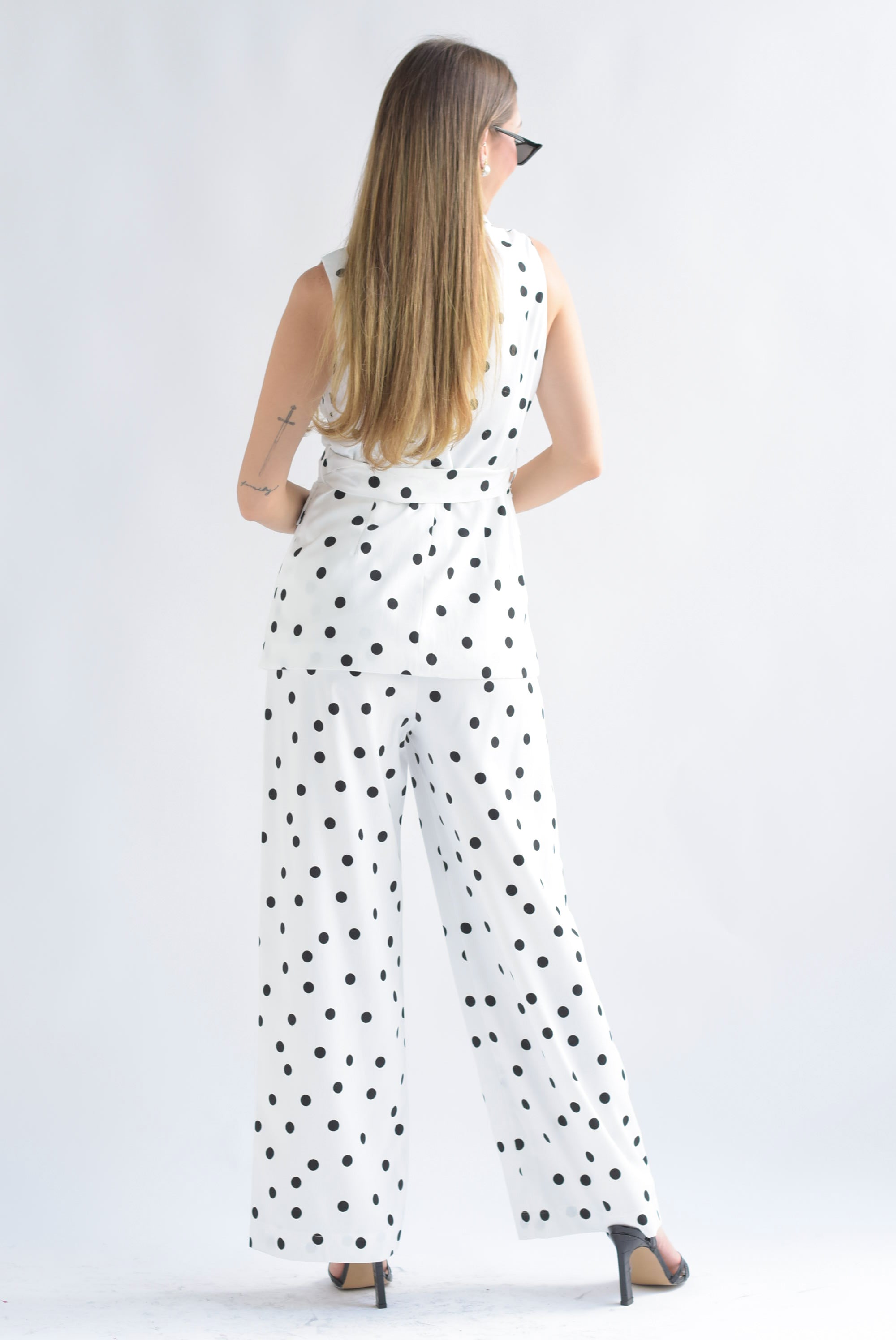 Set Pantalón y Chaleco largo polka dots Blanco