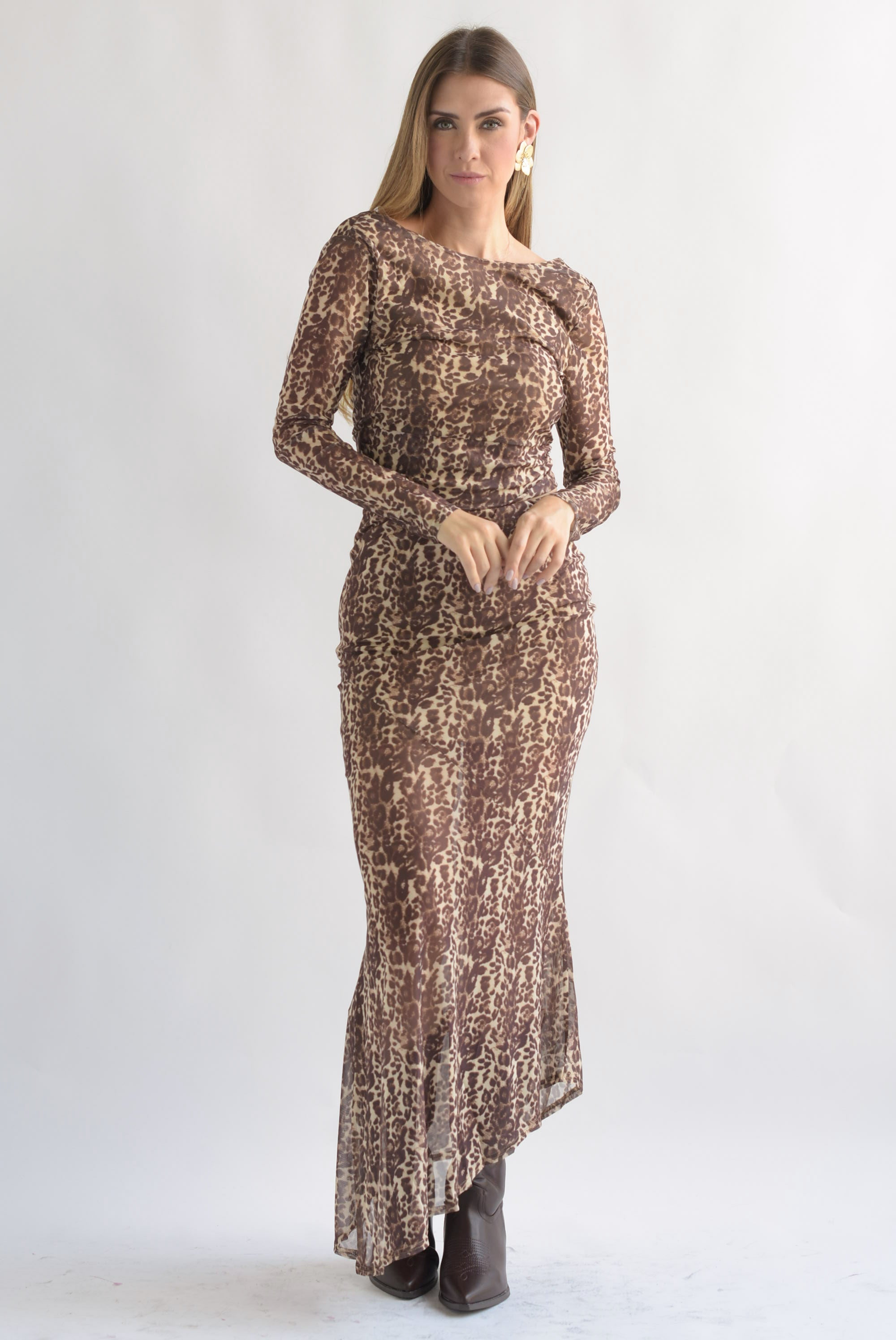 Set Falda asimétrica y Blusa nudo mesh Leopardo