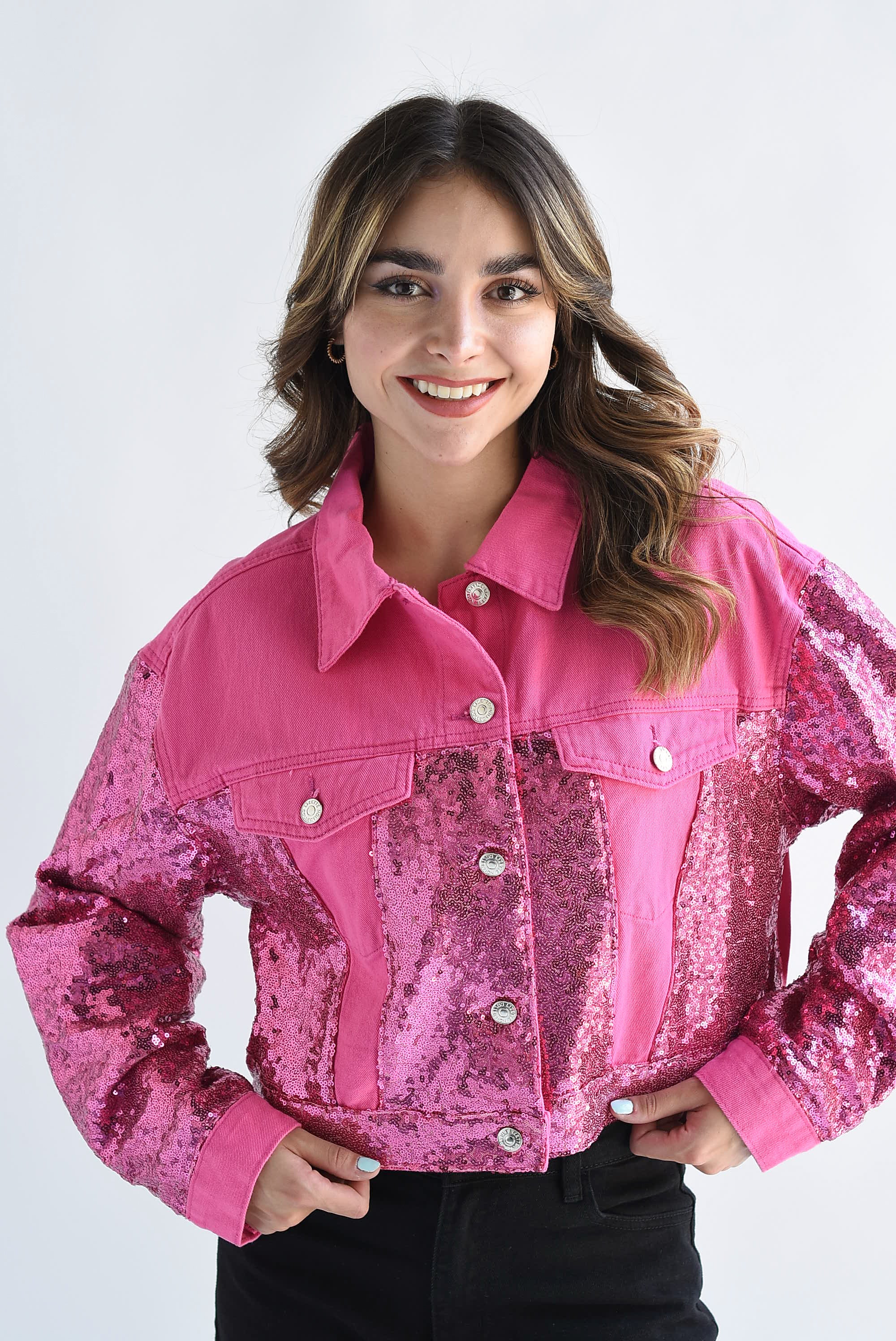 Chamarra Denim lentejuelas Rosa