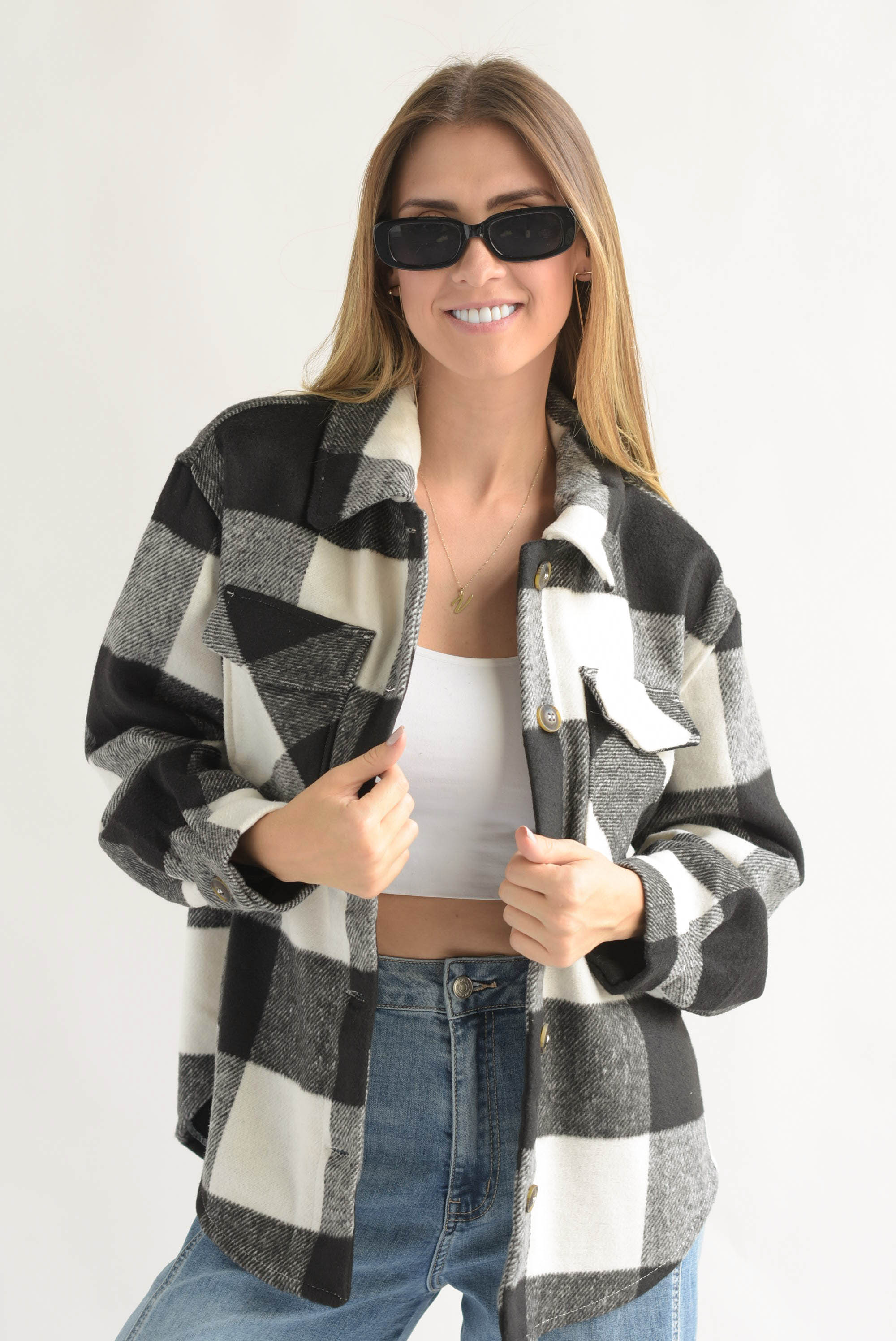 Shacket cuadros franela Negro