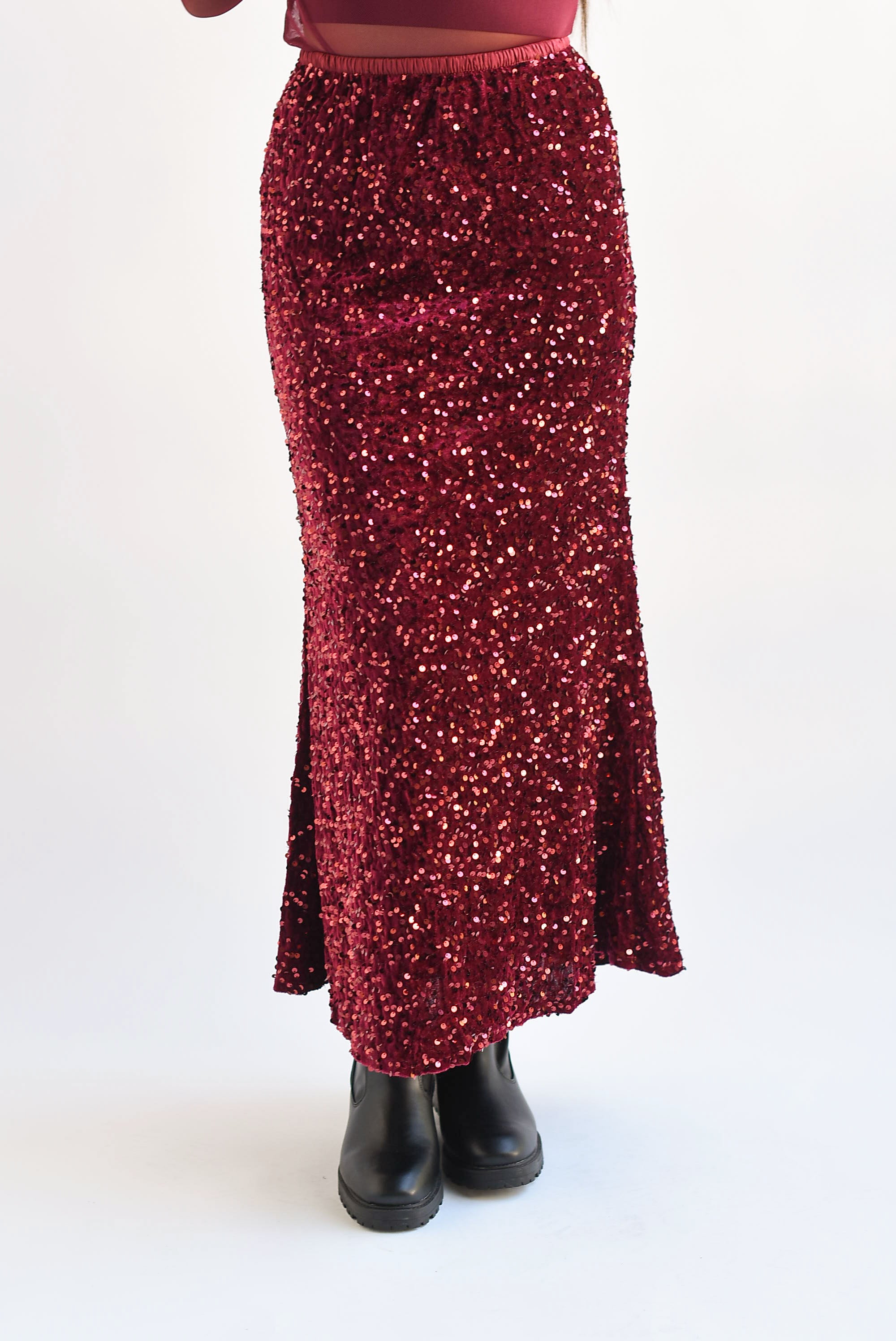 Falda midi terciopelo lentejuela Vino