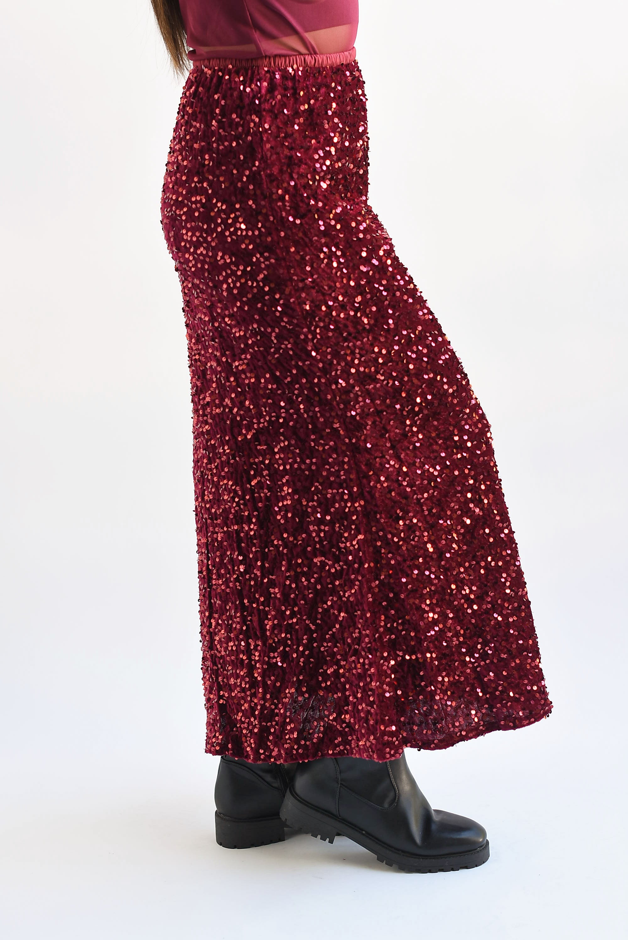 Falda midi terciopelo lentejuela Vino